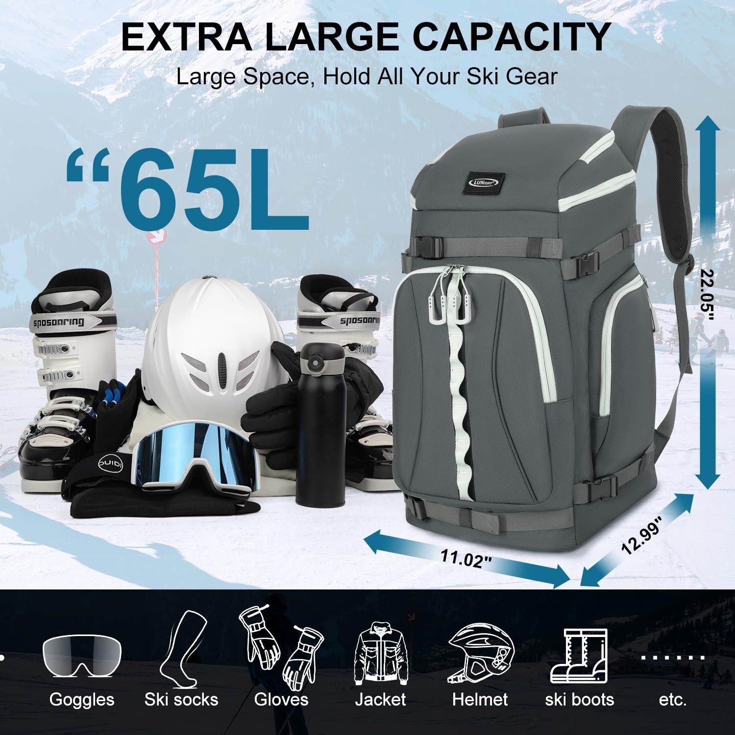 Lunidry 65L waterproof ski boot and snowboard bag with multiple compartments, ideal for travel and storing ski and snowboard gear.