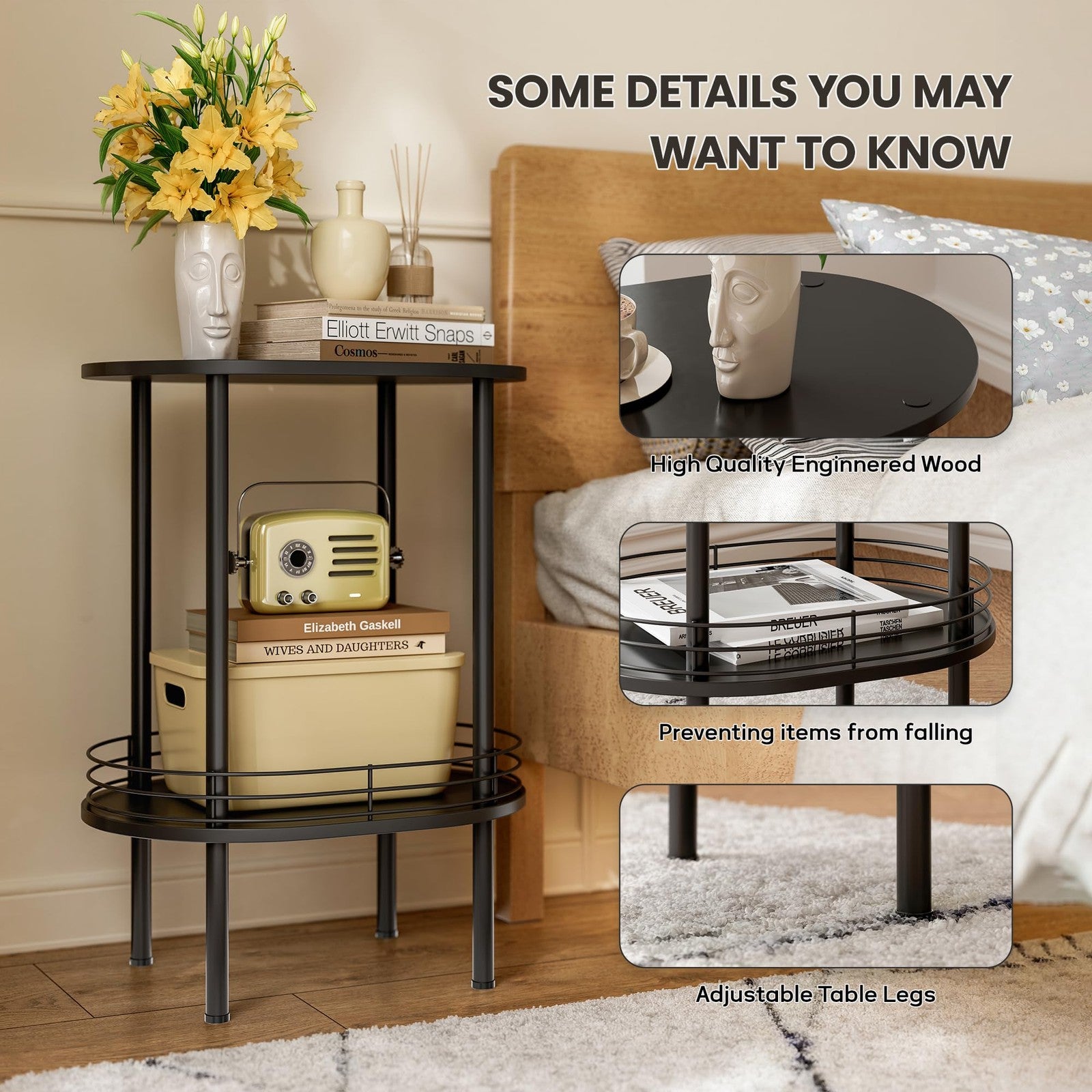 Small modern oval side table with two storage tiers, sturdy black metal frame, ideal for living room use by DGSANDGO.