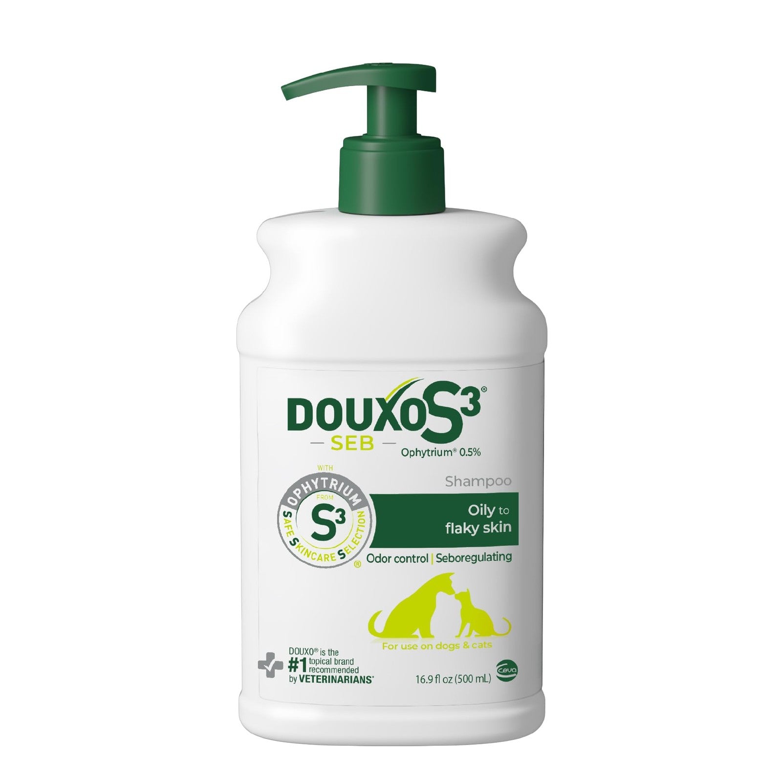 Douxo S3 Seb shampoo for dogs with odor control and seboregulating properties, containing 0.5% Ophytrium, in a clear bottle.