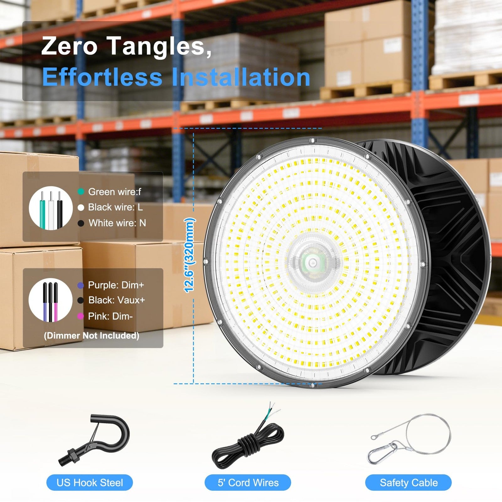 Yellore high bay LED light with adjustable wattage, 480V, 277V, featuring a sleek design and bright illumination.