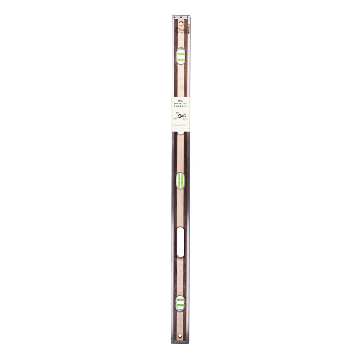 Crick Tool 48-inch wood level with metal frame and bubble vial for precise leveling in masonry and carpentry projects.