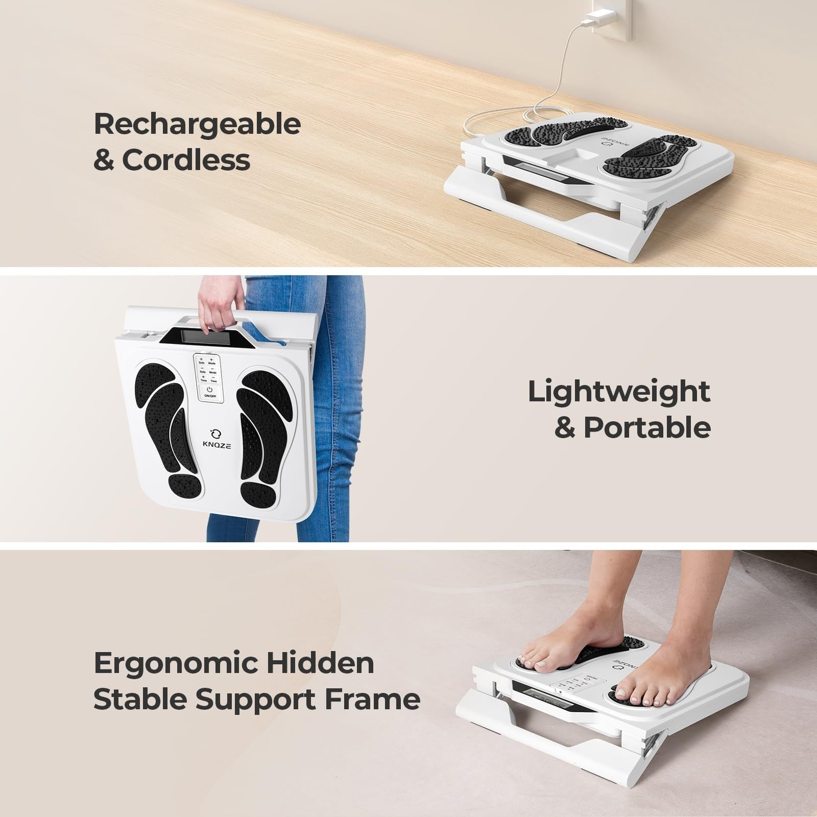 KNQZE EMS foot massager for neuropathy with TENS therapy, showing device with control panel and foot placement area.