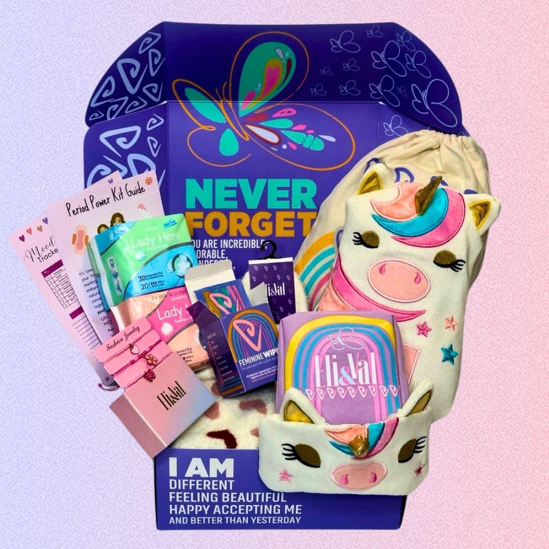 First period starter kit for girls aged 9-12 by ELI&VAL, including feminine hygiene products and educational materials for tweens.