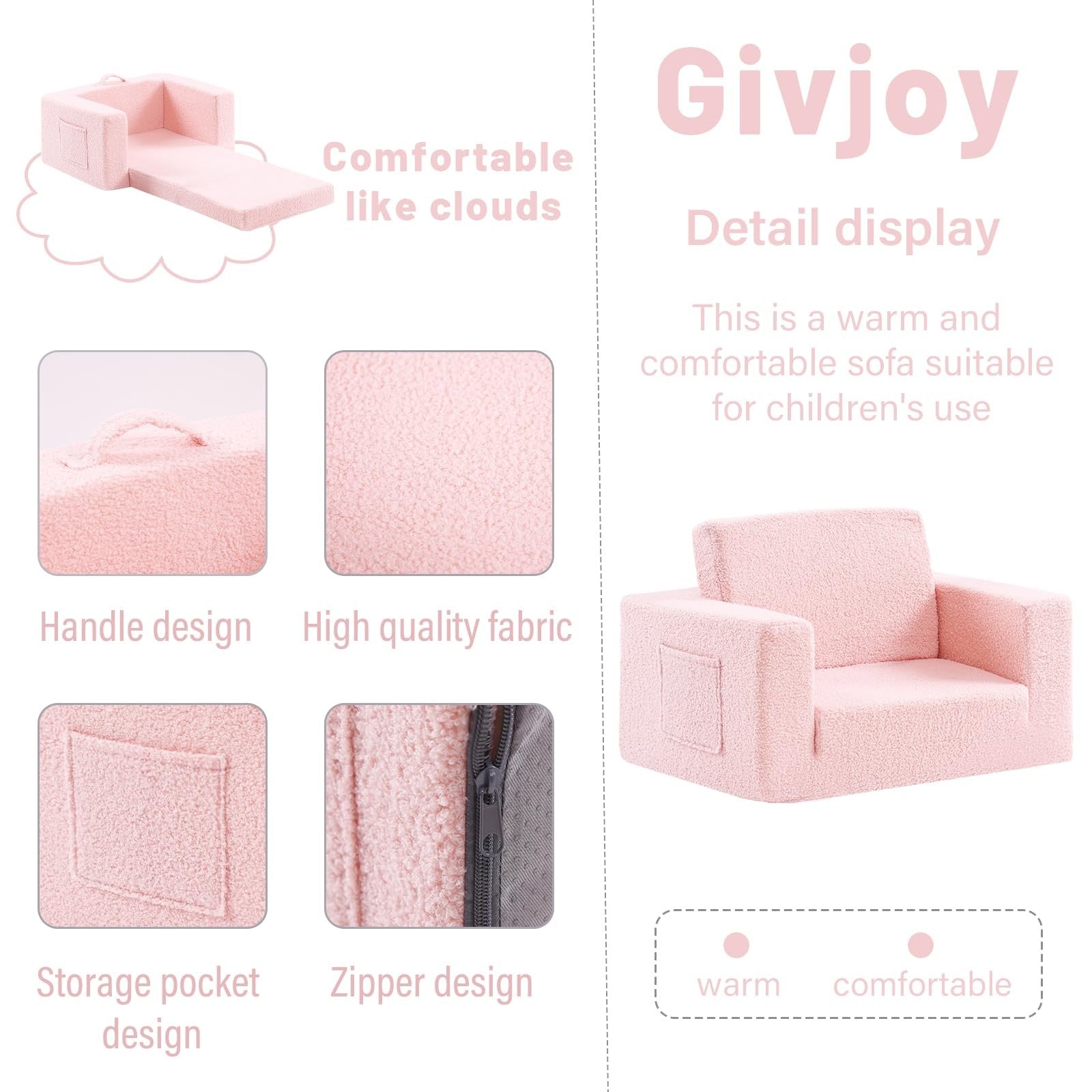 Givjoy toddler Sherpa chair and kids couch, 2-in-1 soft armchair lounger with no assembly, featuring plush upholstery and cozy design