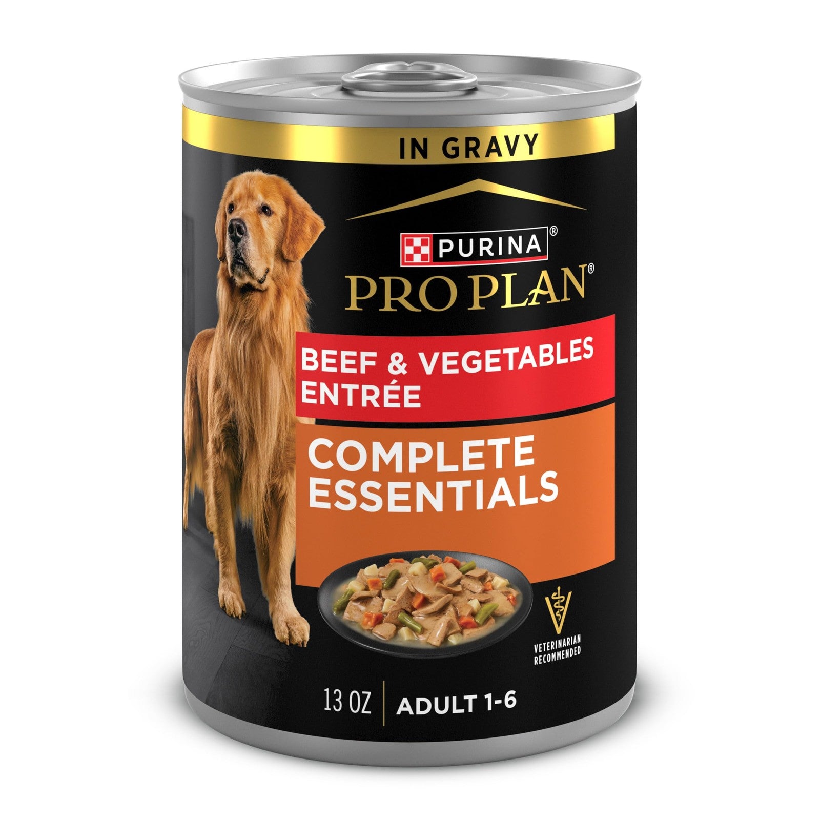 Canned Purina Pro Plan Complete Essentials beef and vegetables wet dog food with chunks of meat and vegetables in gravy.
