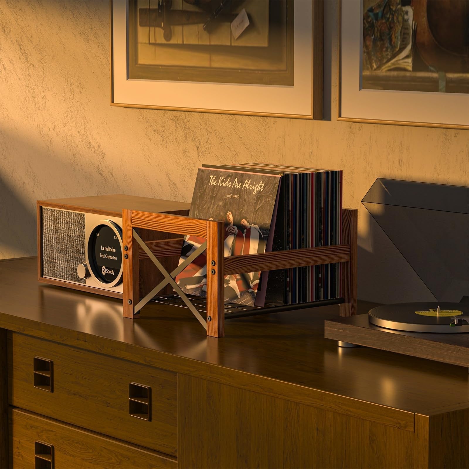X-cosrack vinyl record holder for 7-12 inch albums, holds 50-100 records, made of durable material, neatly organized storage.