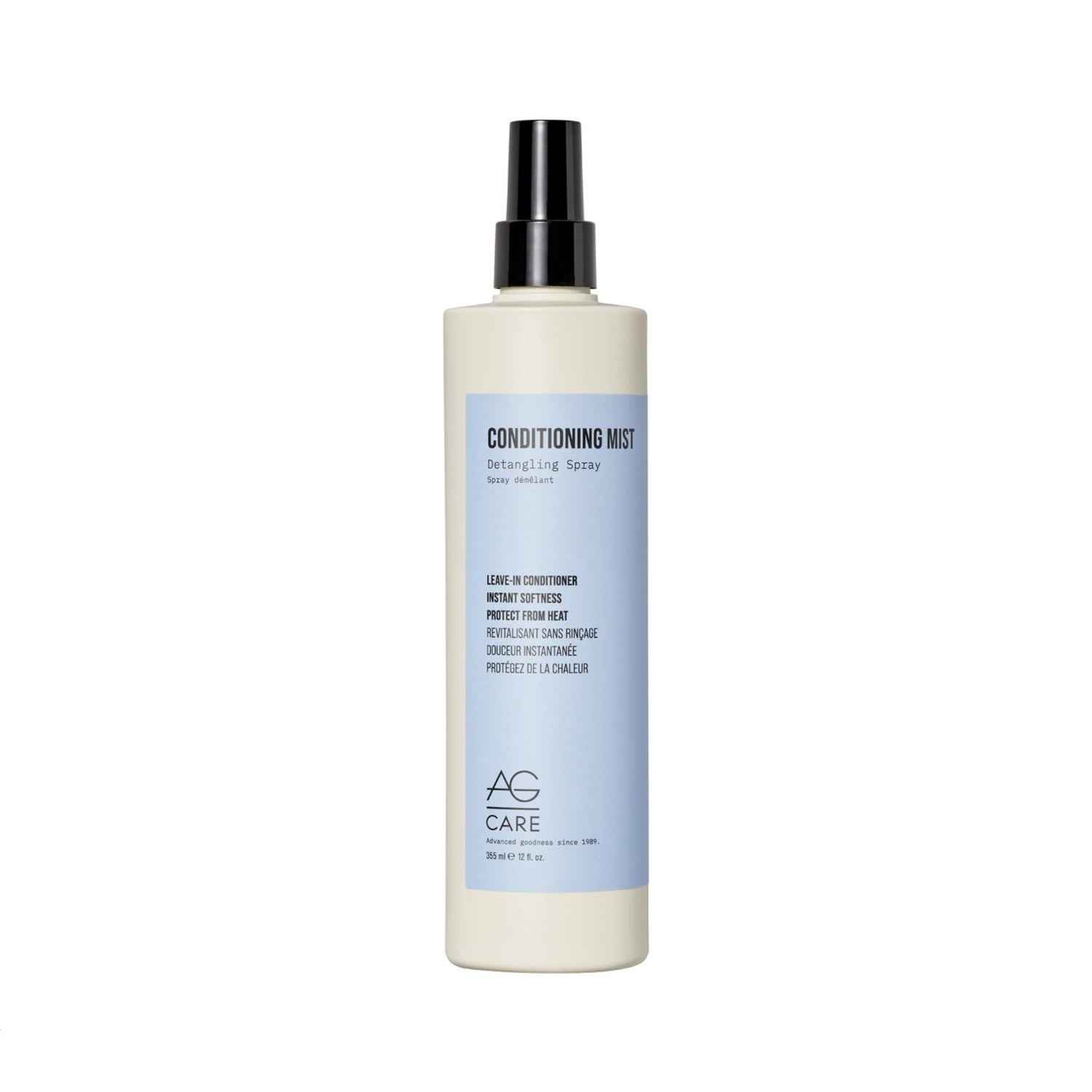 AG Care Conditioning Mist Detangling Spray with natural ingredients, visible in a spray bottle for softening and protecting hair from heat.