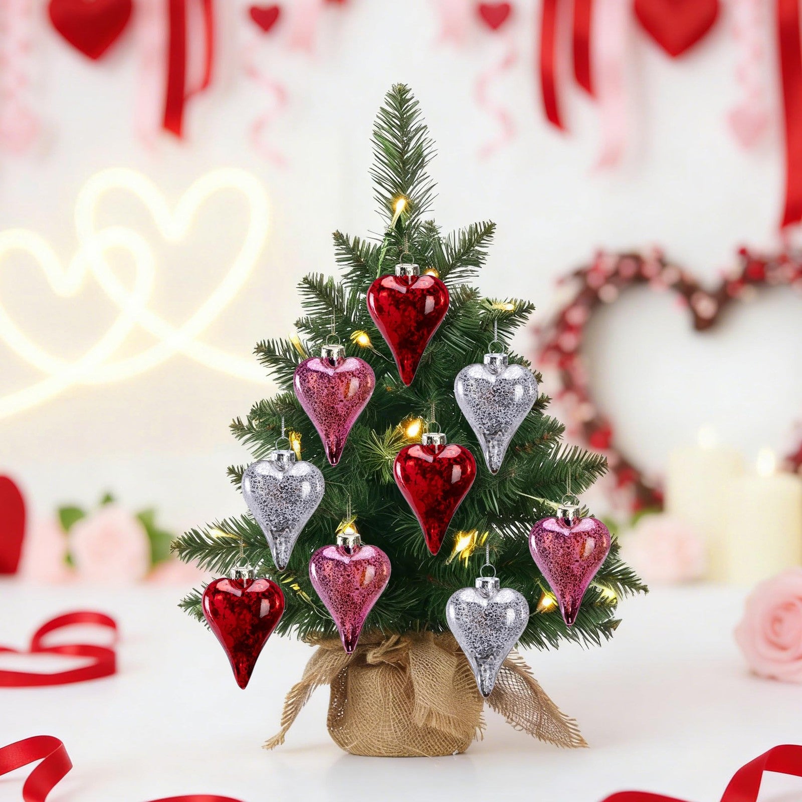 LFUTARI 12-piece Valentine's Day heart glass ornaments, 3.5 inches, antique red glass with intricate detailing and festive design.