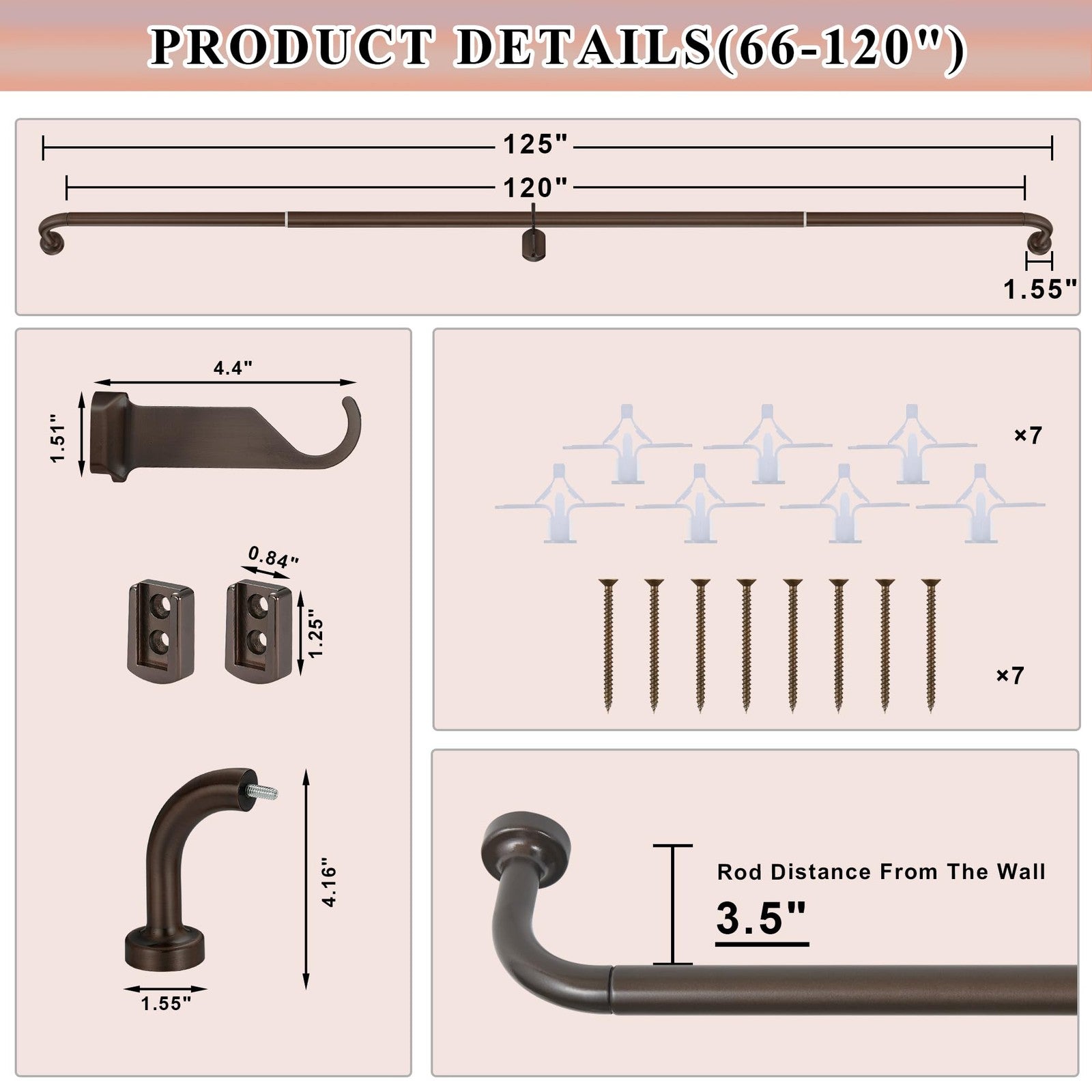 Dark bronze Lwiiom 2-pack 1-inch disc curtain rods for windows, suitable for 28 to 48-inch widths, with decorative finials.