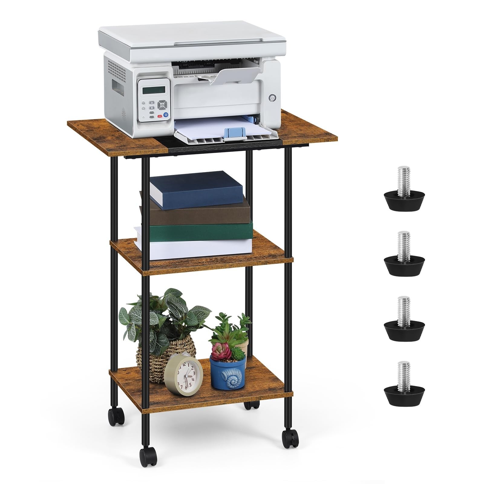 Shinoske 3-tier printer stand with wheels, large storage table for home use, featuring a sturdy design and spacious surface.