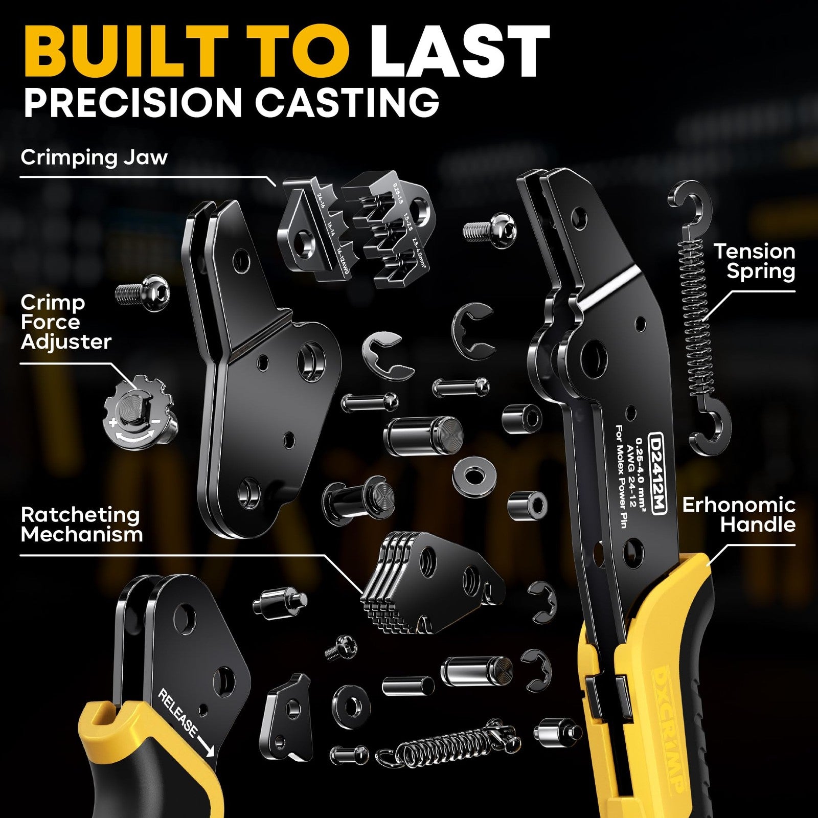 DXCRIMP MLX .084" connector crimping tool kit with pin extractor for 6.35mm terminals, includes crimping and extraction tools.