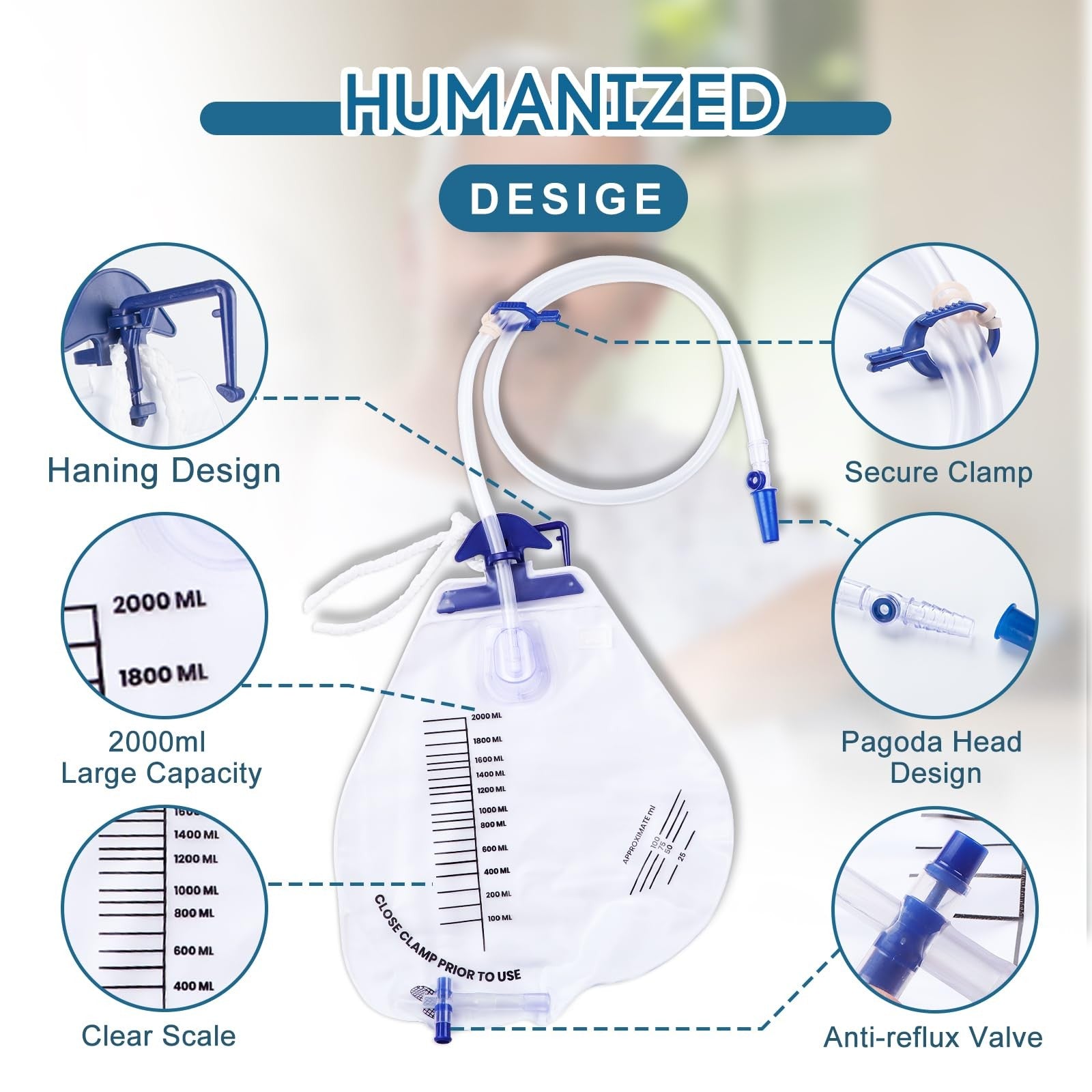 Set of 10 YOOGUSTO urinary drainage bags with 2000ml capacity, anti-reflux chamber, and 48-inch flexible tubing.
