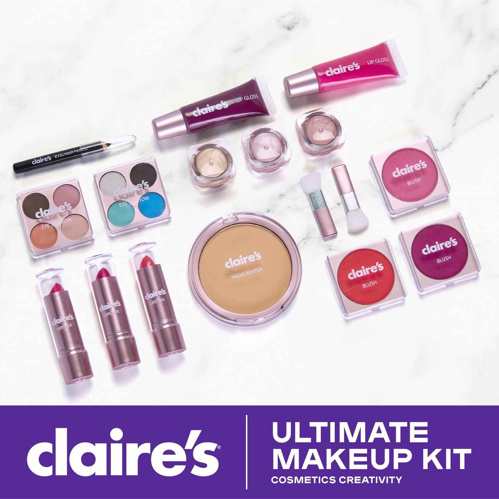Claire's Ultimate 18-Piece Kids Makeup Kit featuring colorful eyeshadows, blushes, and brushes for children aged 8-12.