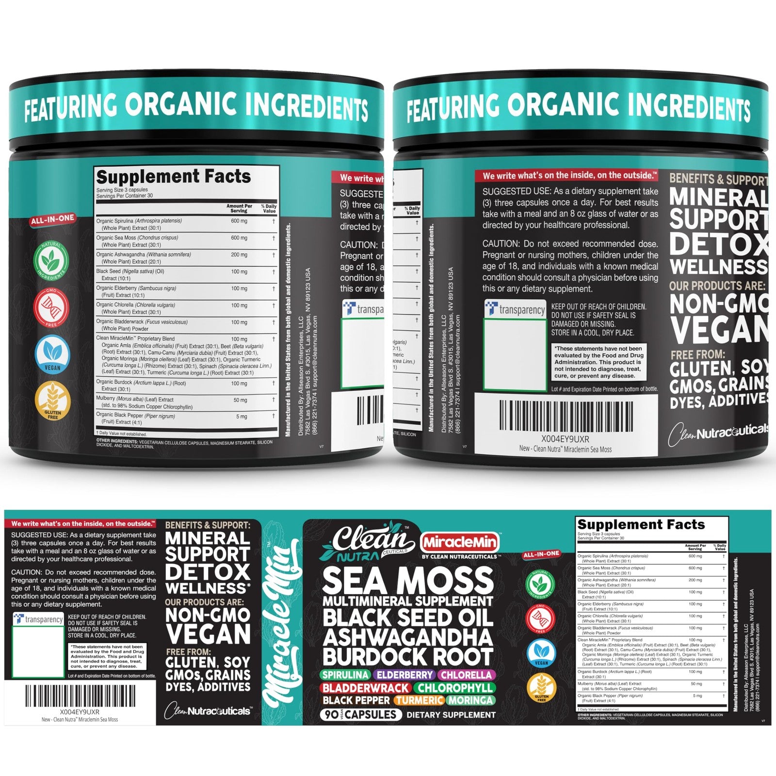 Clean Nutra organic sea moss capsules with ashwagandha, black seed oil, and burdock root in a clear container.