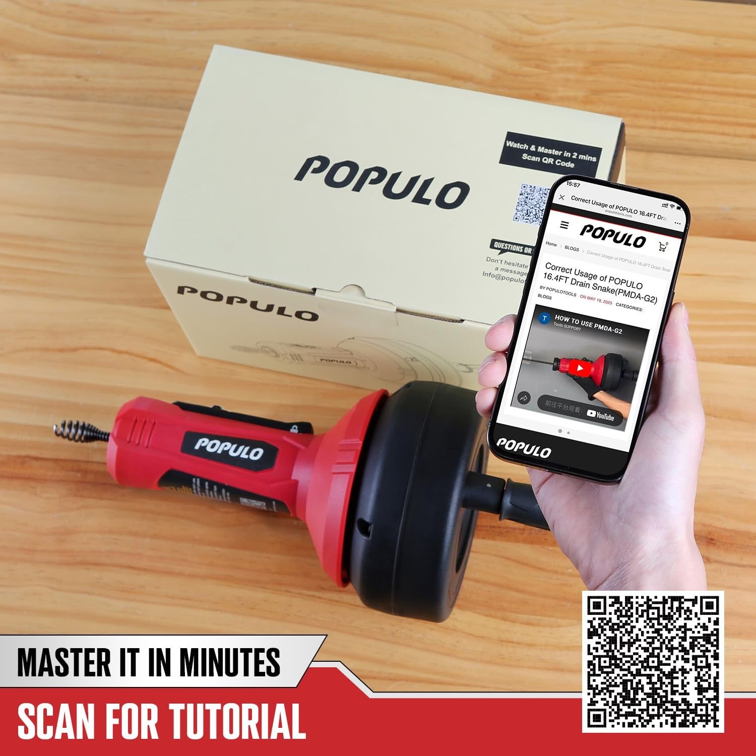 Populo auto-feed 17ft drain snake auger for sinks, showers, and tubs, featuring a durable plumbing tool with a long, flexible cable.