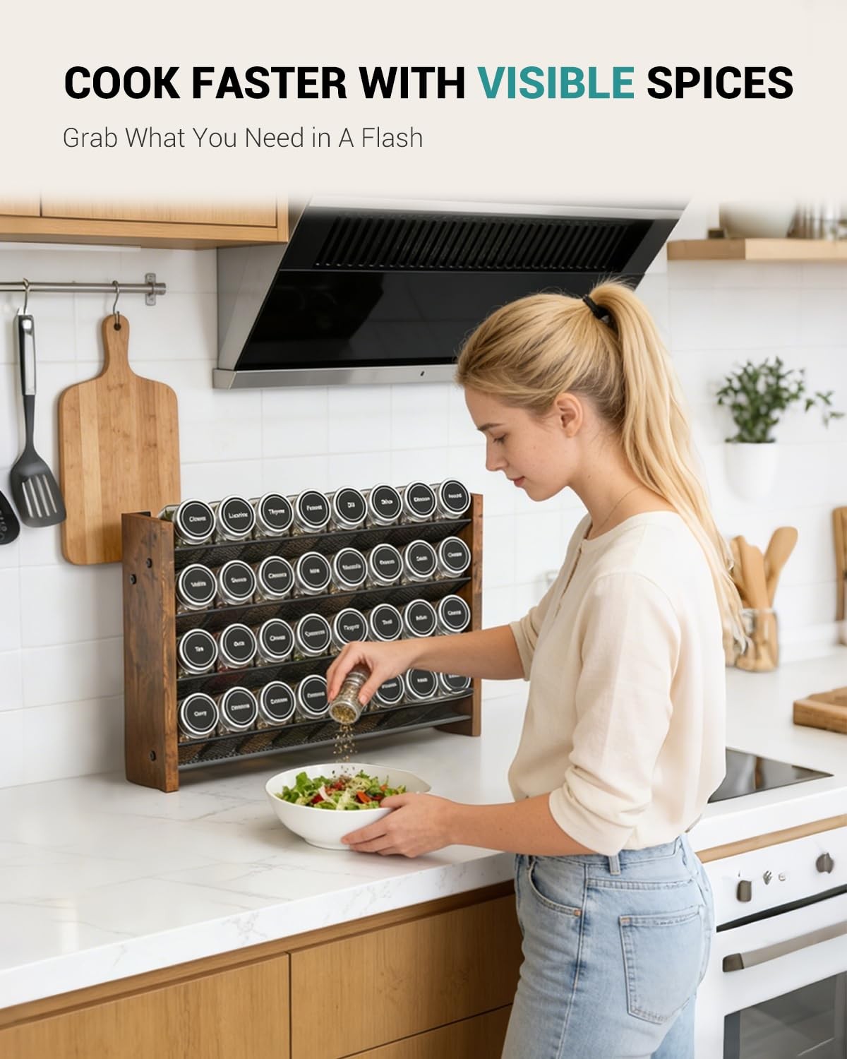 NESAPTO wooden 4-tier spice rack organizer mounted on kitchen pantry wall, holding spice jars and bottles.