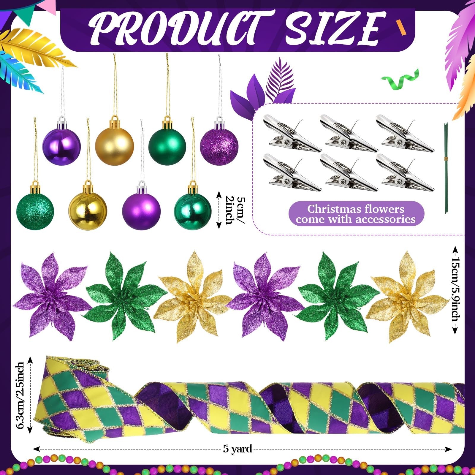 Halfchet 43-piece Mardi Gras theme tree decoration set with colorful hanging ornaments and festive beads.