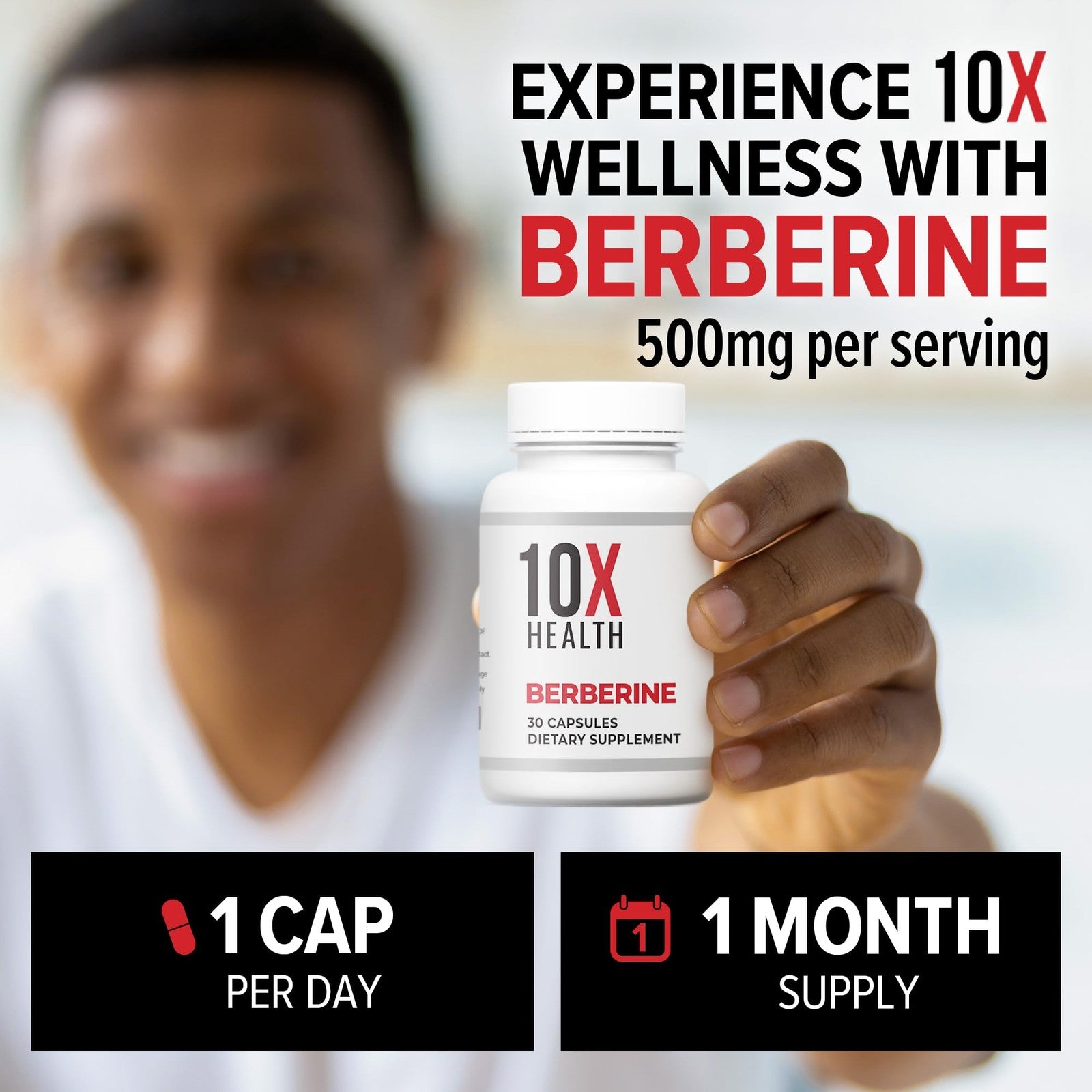10X Health System Berberine supplement bottle with 500mg capsules, featuring Dihydroberberine for metabolic support.