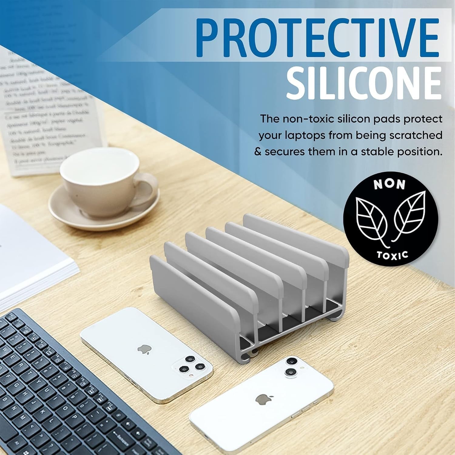 Elestoria 5-slot vertical aluminum laptop stand displaying multiple laptops in a sleek, organized vertical storage arrangement.