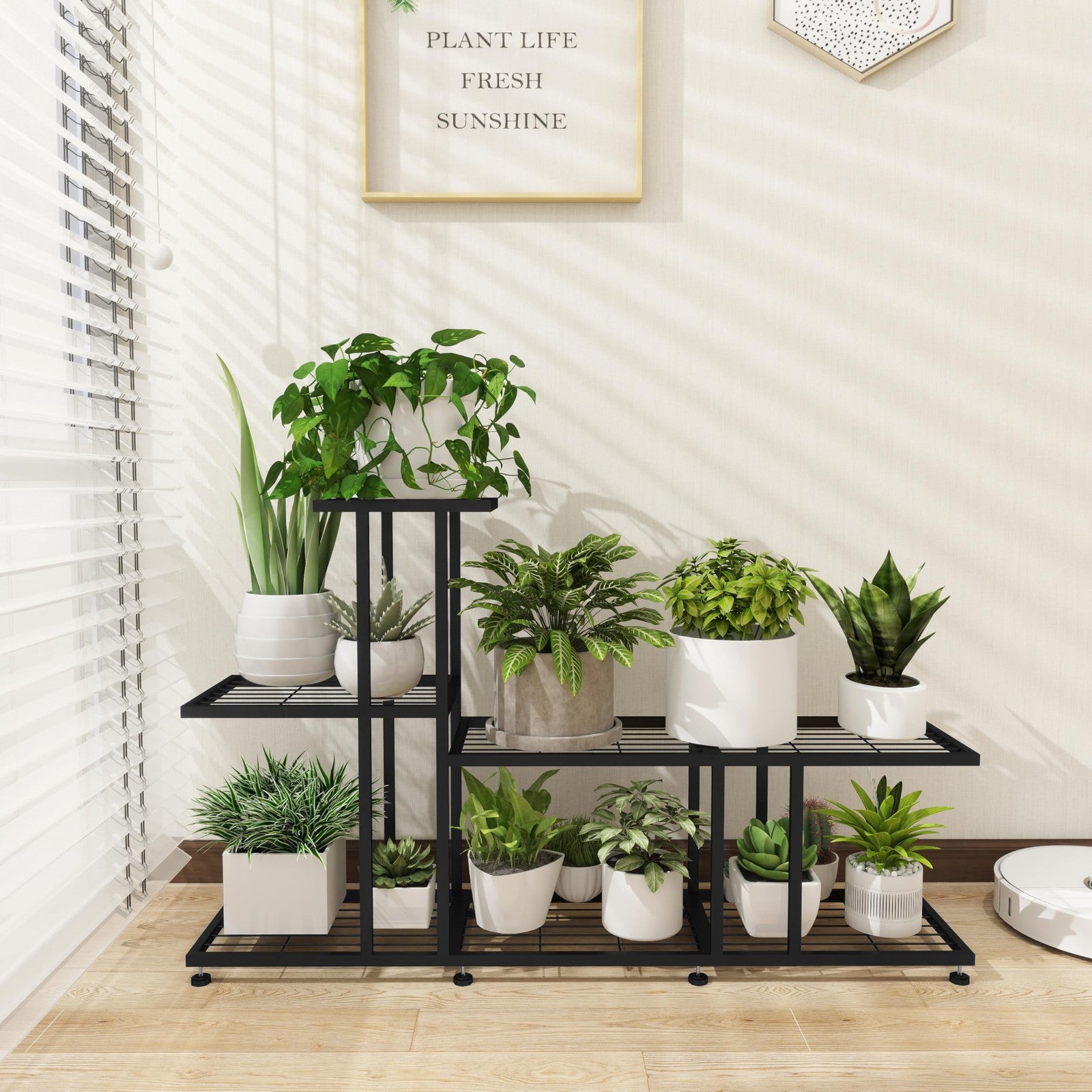 Black metal corner plant stand by HusDream, ideal for indoor or outdoor patio use, holding potted plants in a sleek corner design.