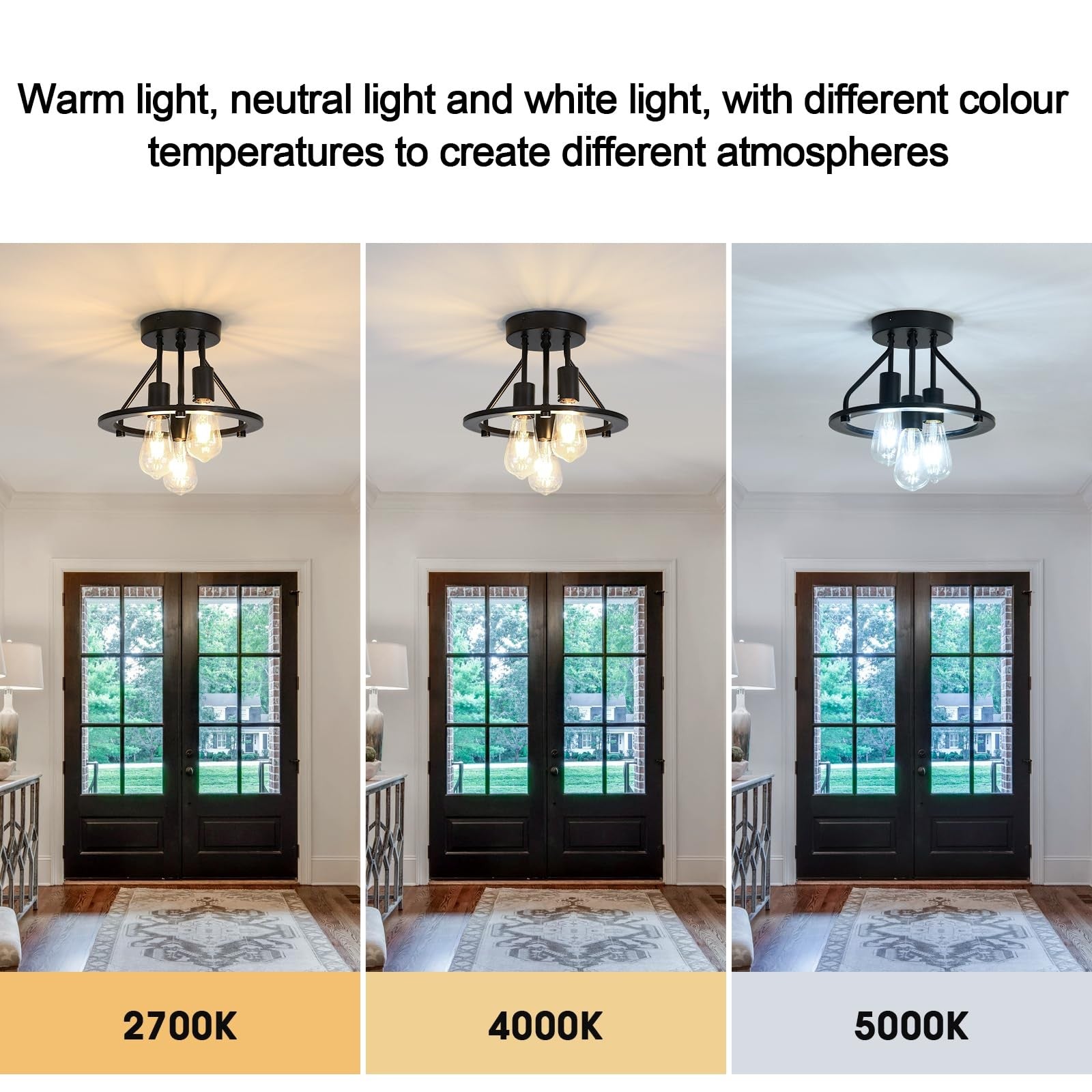 Qgiytp semi-flush ceiling light fixture with three matte black lights, modern design, mounted on a ceiling.