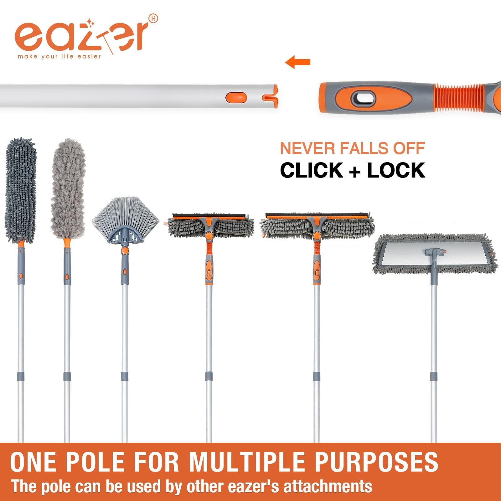 Eazer 2-in-1 window squeegee cleaner tool with 62-inch extension pole, suitable for cleaning windows and glass surfaces.