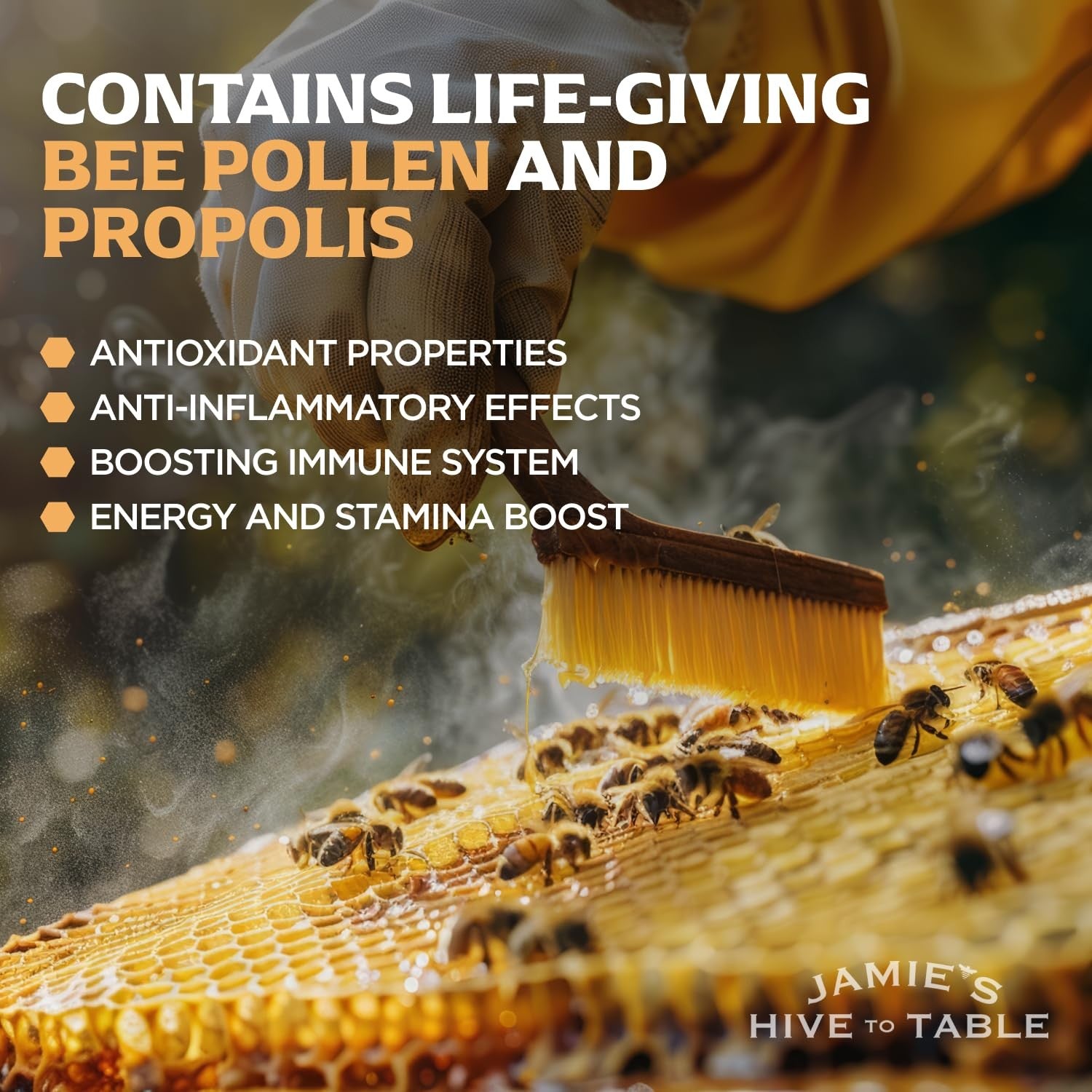 Jar of Jamie’s Hive to Table Raw Bee Pollen, 10 oz, showing golden bee pollen granules in a clear glass jar.