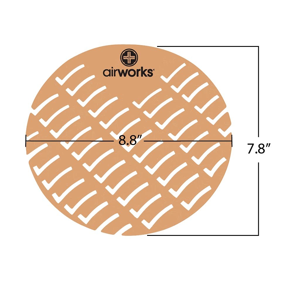 Set of 10 light brown cinnamon Airworks CC-006 unbranded urinal screens with fresh scent, designed for odor control in restrooms.