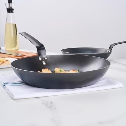 Met Lux 11-inch lightweight frying pan by Restaurantware, induction-ready with triple-rive design, shown on stovetop.