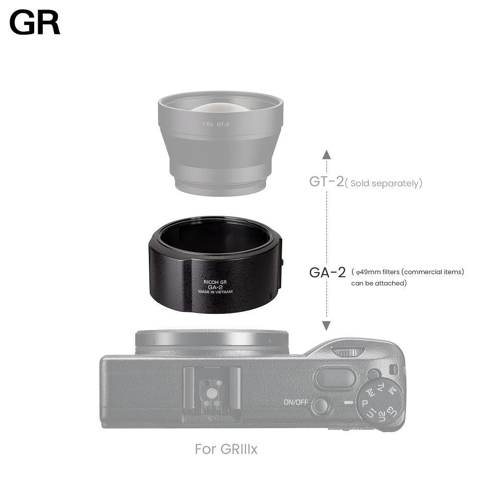 Ricoh GA-2 lens adapter for RICOH GR IIIx camera, shown attached to the camera with tele-conversion lens in a close-up view.