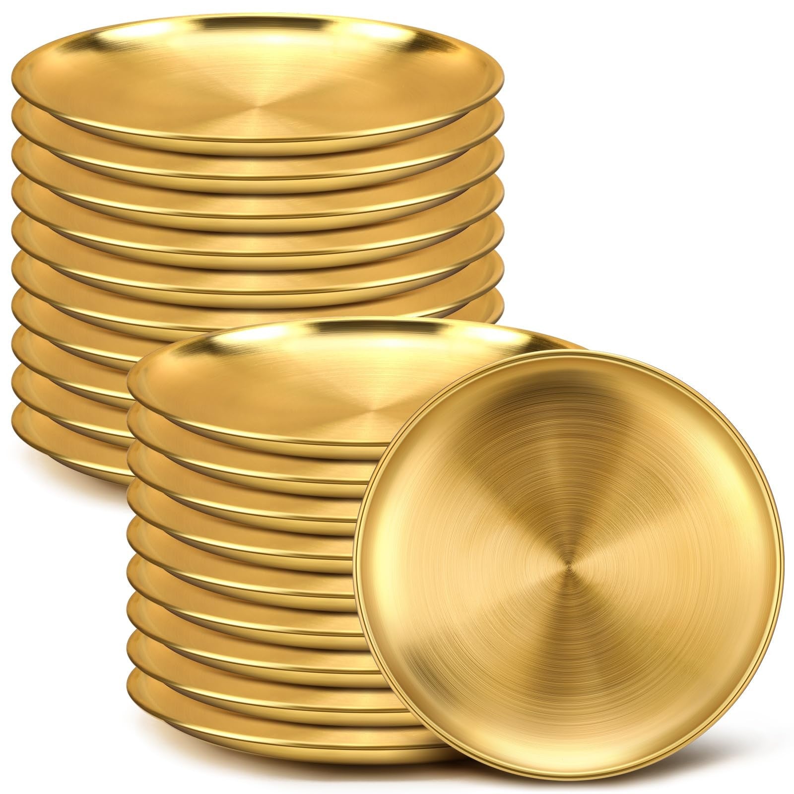 Nuogo 20-piece set of 9-inch stainless steel gold dinner plates with a sleek metallic finish for elegant table settings.