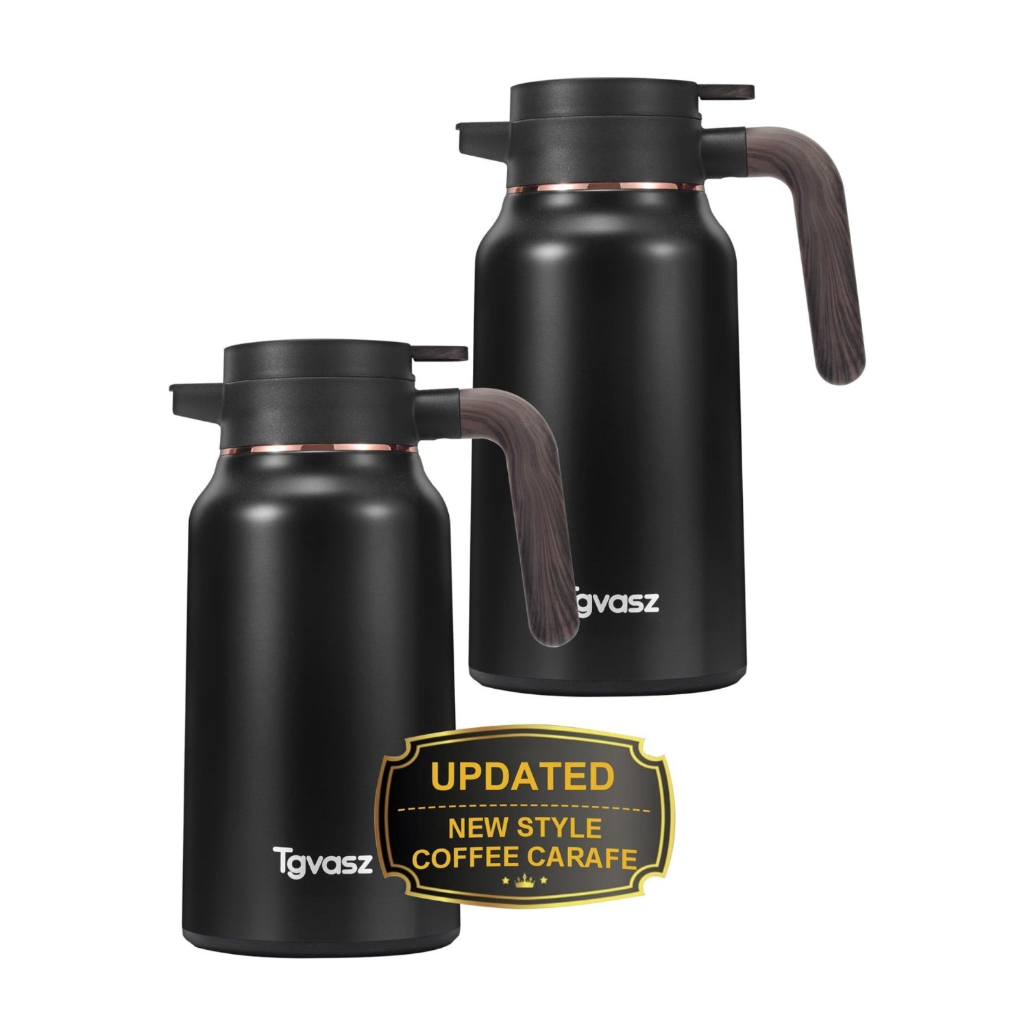 Two stainless steel thermal coffee carafes by Tgvasz, 70 oz capacity, designed to keep coffee hot for 36 hours.