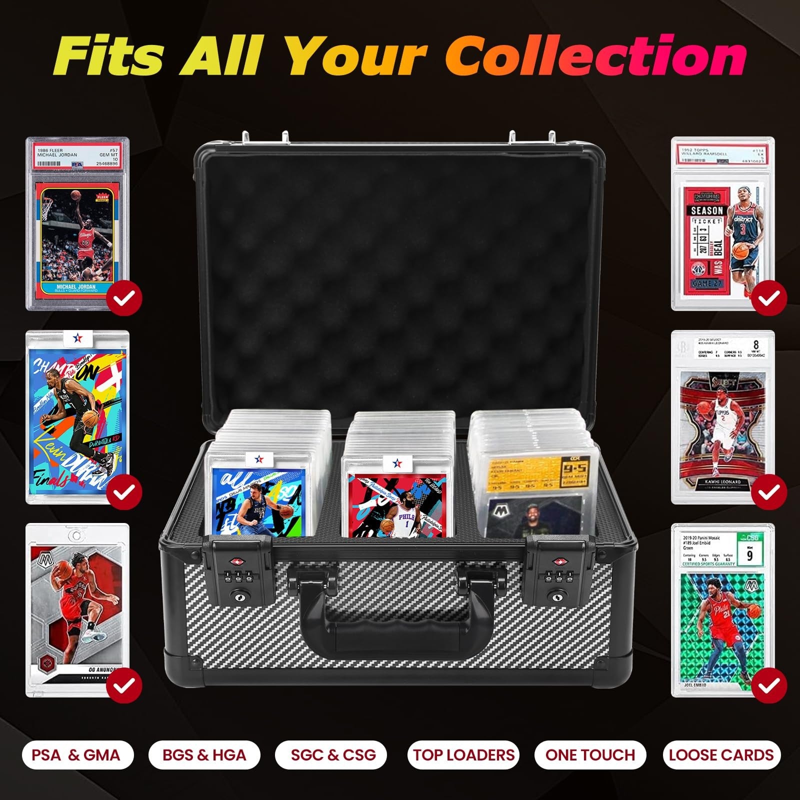 ZINHO graded sports card storage box with lock, waterproof trading card case for protecting collectible sports cards.