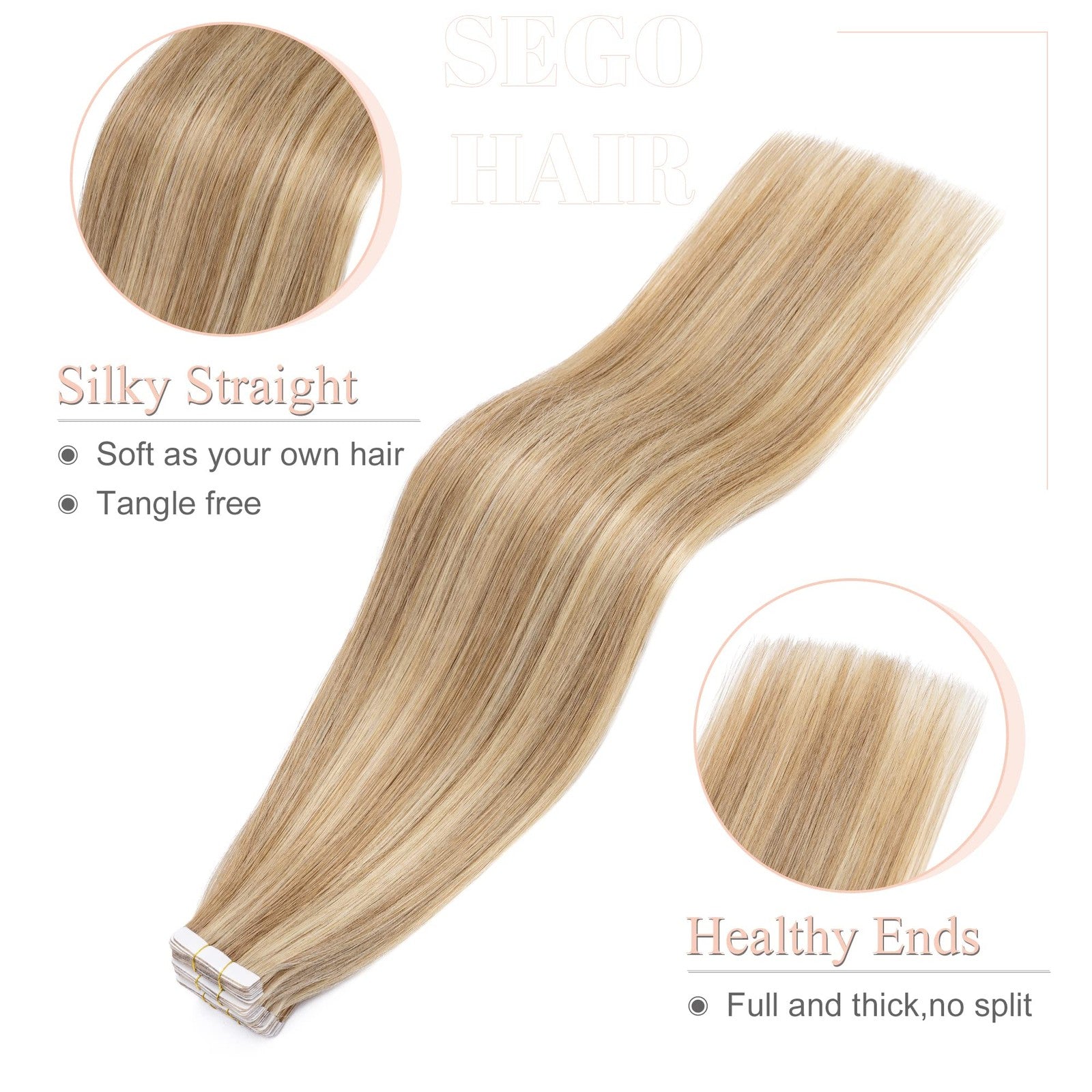 Blonde highlighted human hair Sego Tape In Hair Extensions 20-piece pack, 14 inches long, displayed on a white background.