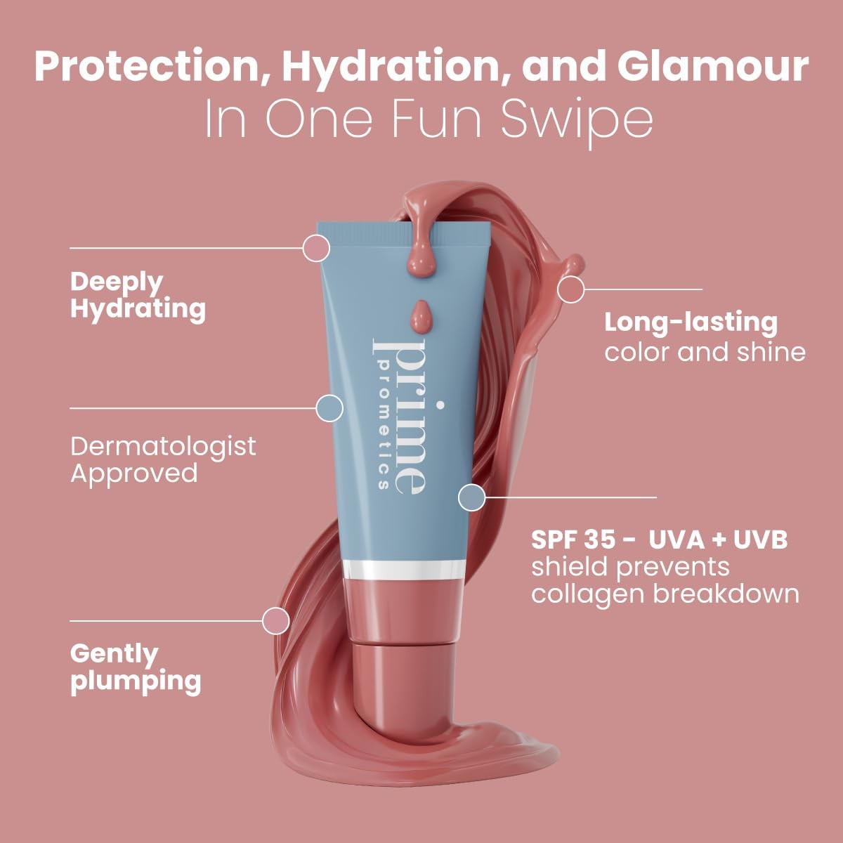 PRIME PROMETICS PrimeLip SPF 35 lip oil for mature women, featuring UVA and UVB protection, in a sleek tube with clear branding.