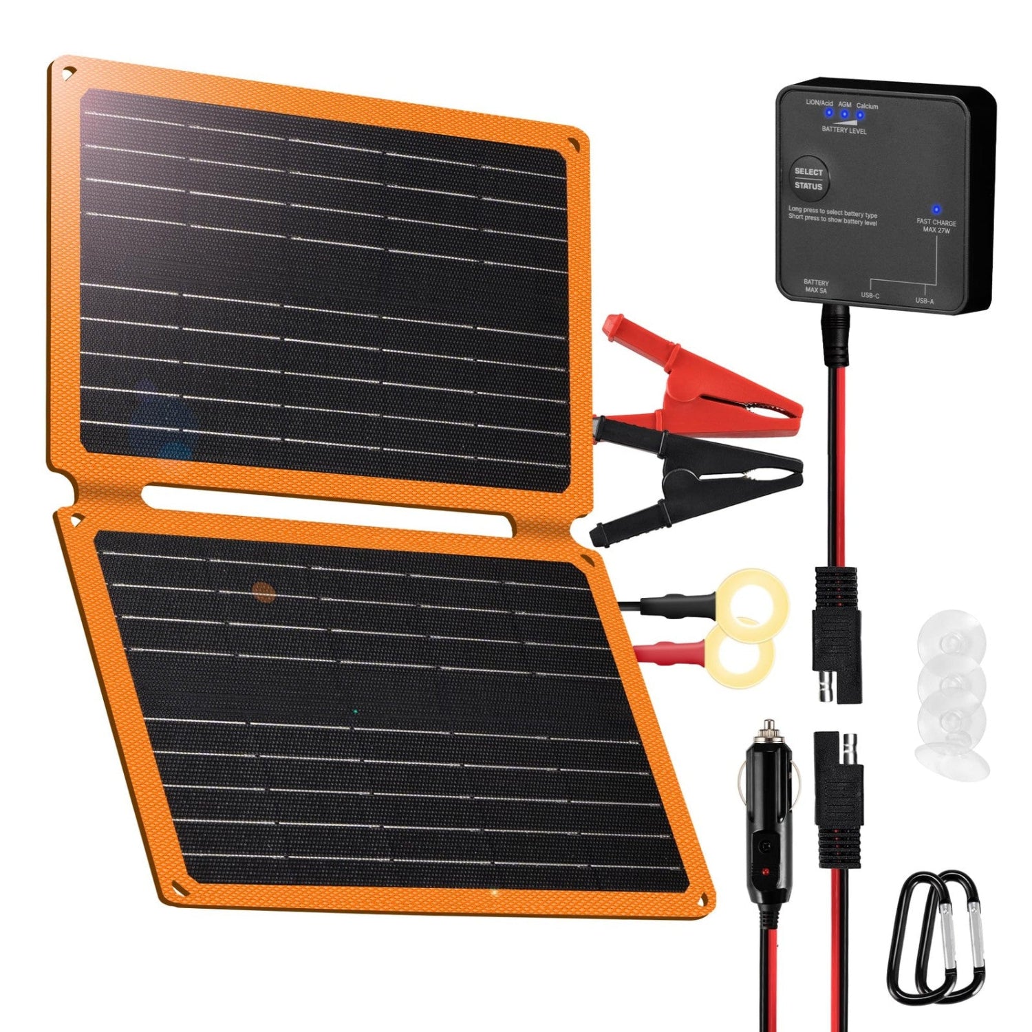 FieryRed 20W 12V solar panel car battery charger and maintainer, foldable trickle solar panel, with cables visible in the image.