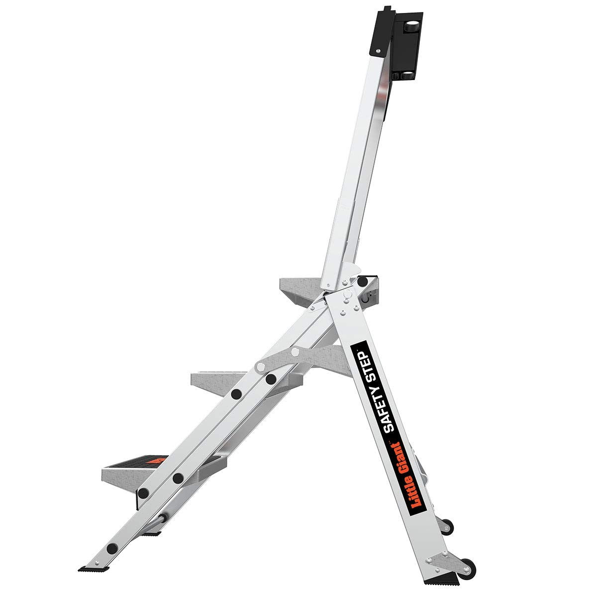 Little Giant Safety Step 3-step aluminum ladder, 3ft tall, Type 1A, rated for 300 lbs, shown with non-slip steps.