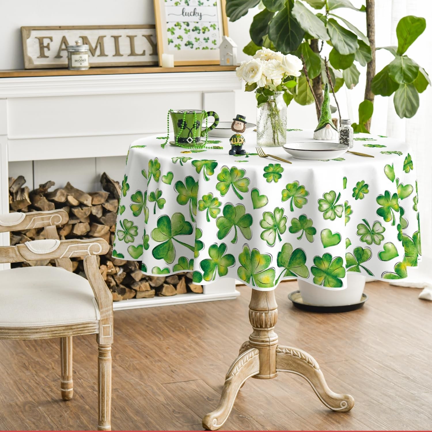 Horaldaily St. Patrick's Day round tablecloth with watercolor shamrock design, 90-inch size, perfect for festive celebrations.