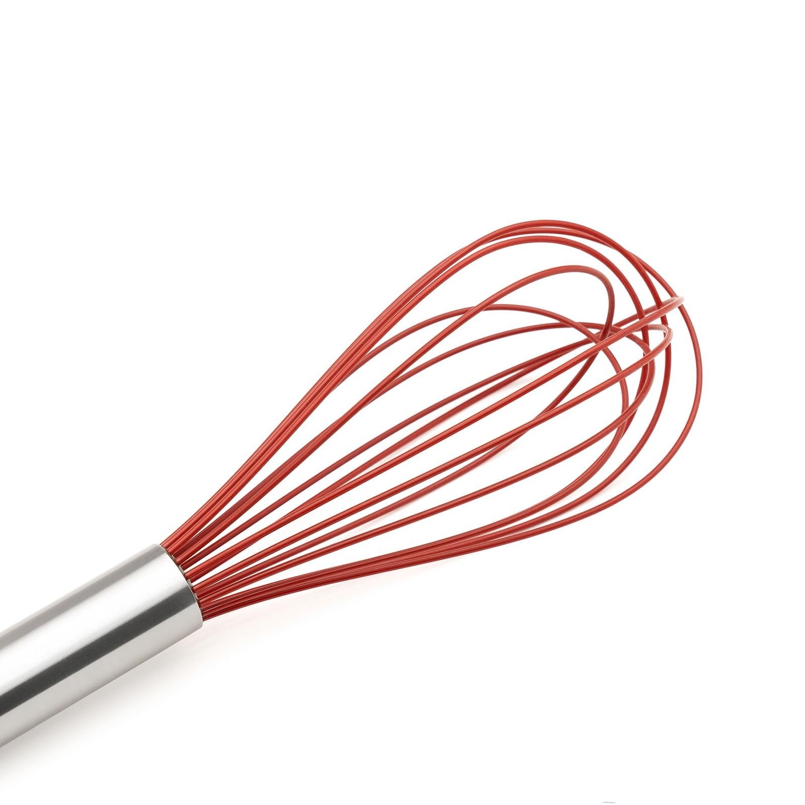 Cuisipro 10-inch red silicone piano whisk, flexible cooking tool for mixing and whisking in the kitchen.