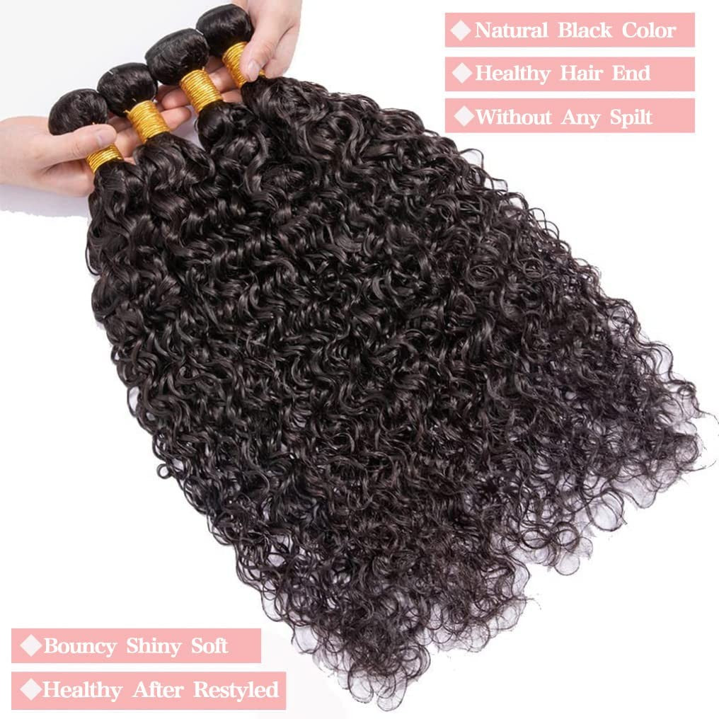 Menalue water wave bundles of human hair in 24, 26, 28, 30 inches, Brazilian 10A quality, showing the textured water wave pattern.