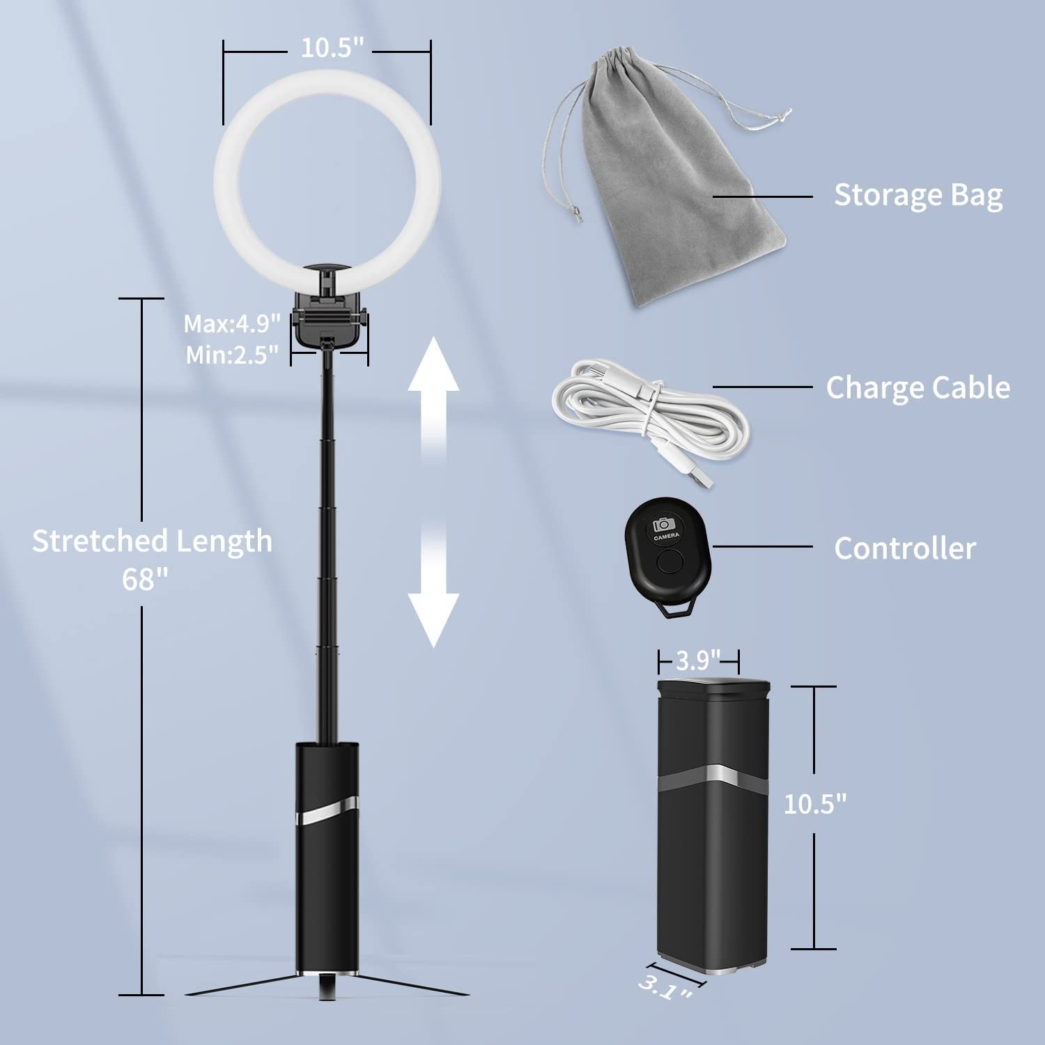 Yayusi portable ring light stand with 10-inch ring, cordless design, and built-in 4000mAh battery for photography and video lighting.