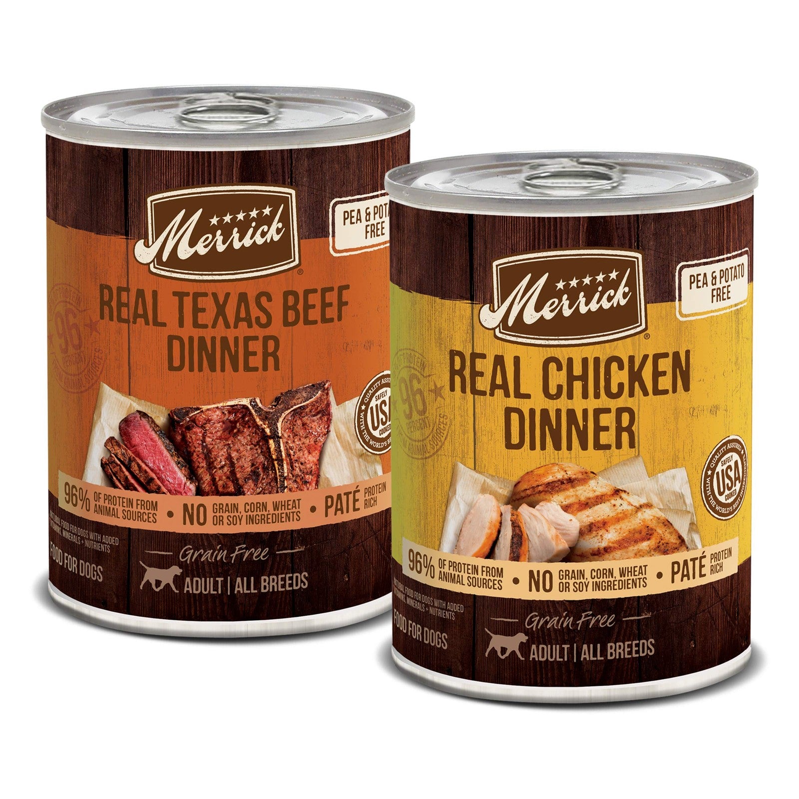 Merrick grain-free canned dog food beef and chicken variety pack with 9.5lb of dog food in multiple cans.