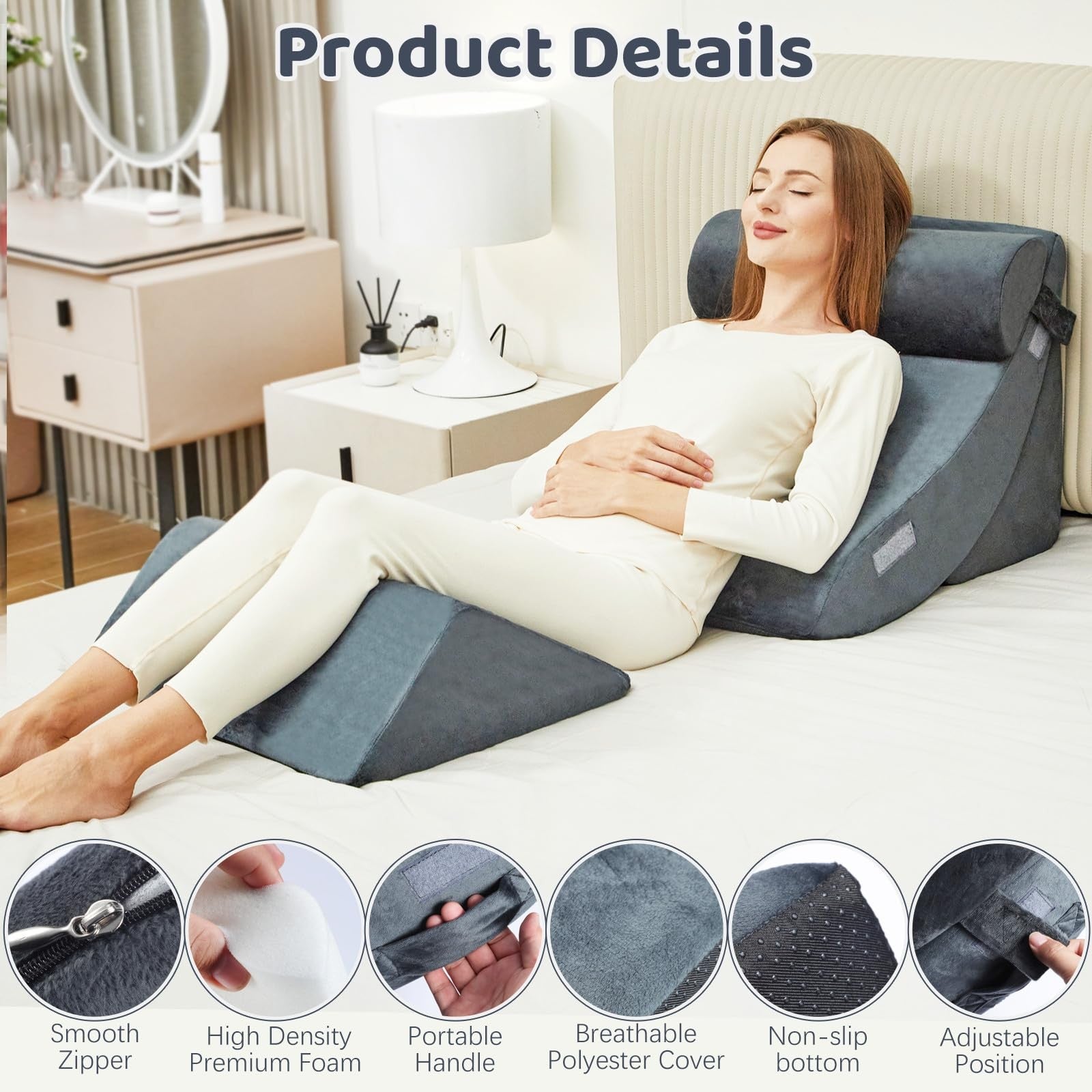 PIASHJOY 4-piece bed wedge pillow set designed for sleeping and acid reflux relief, with supportive foam wedges stacked together.