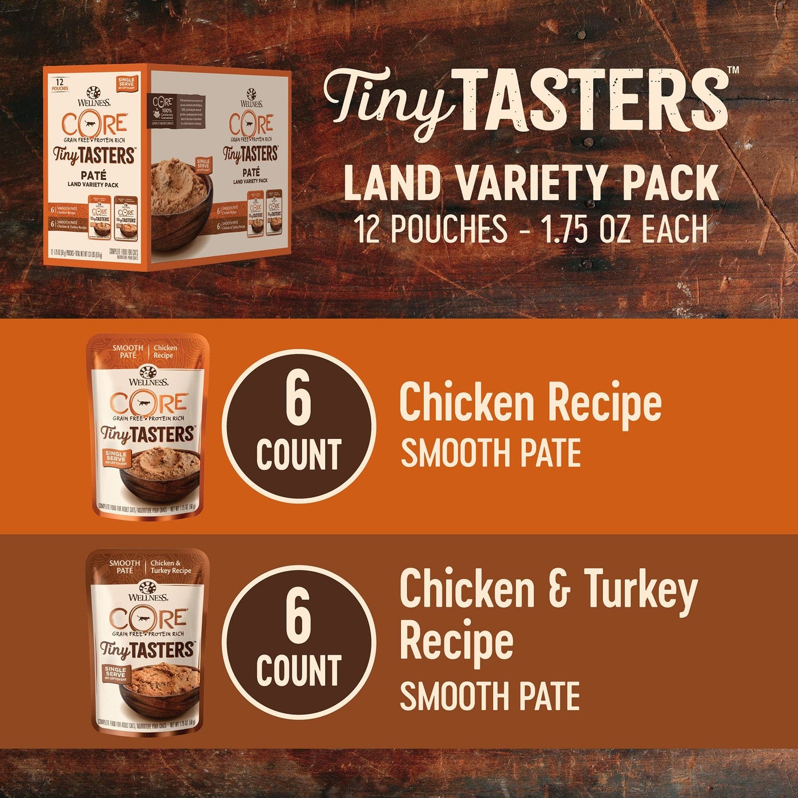 Wellness CORE Tiny Tasters wet cat food pate seafood and poultry variety pack with 10 cans showing colorful labels and cat food images.
