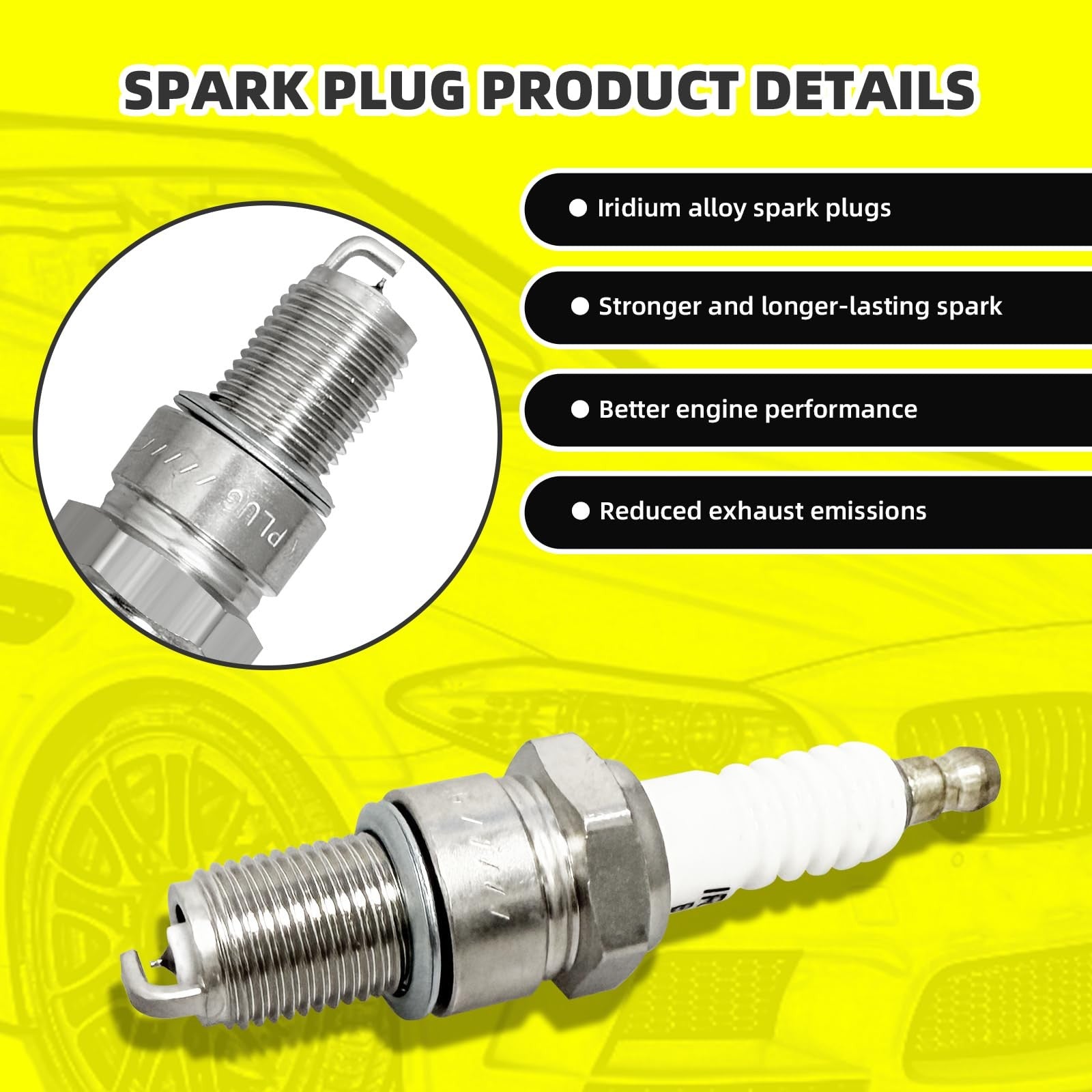 MOAUTO set of 4 iridium spark plugs with wires, model 671-4138, RC-TX99A, showing the spark plugs and connecting wires.