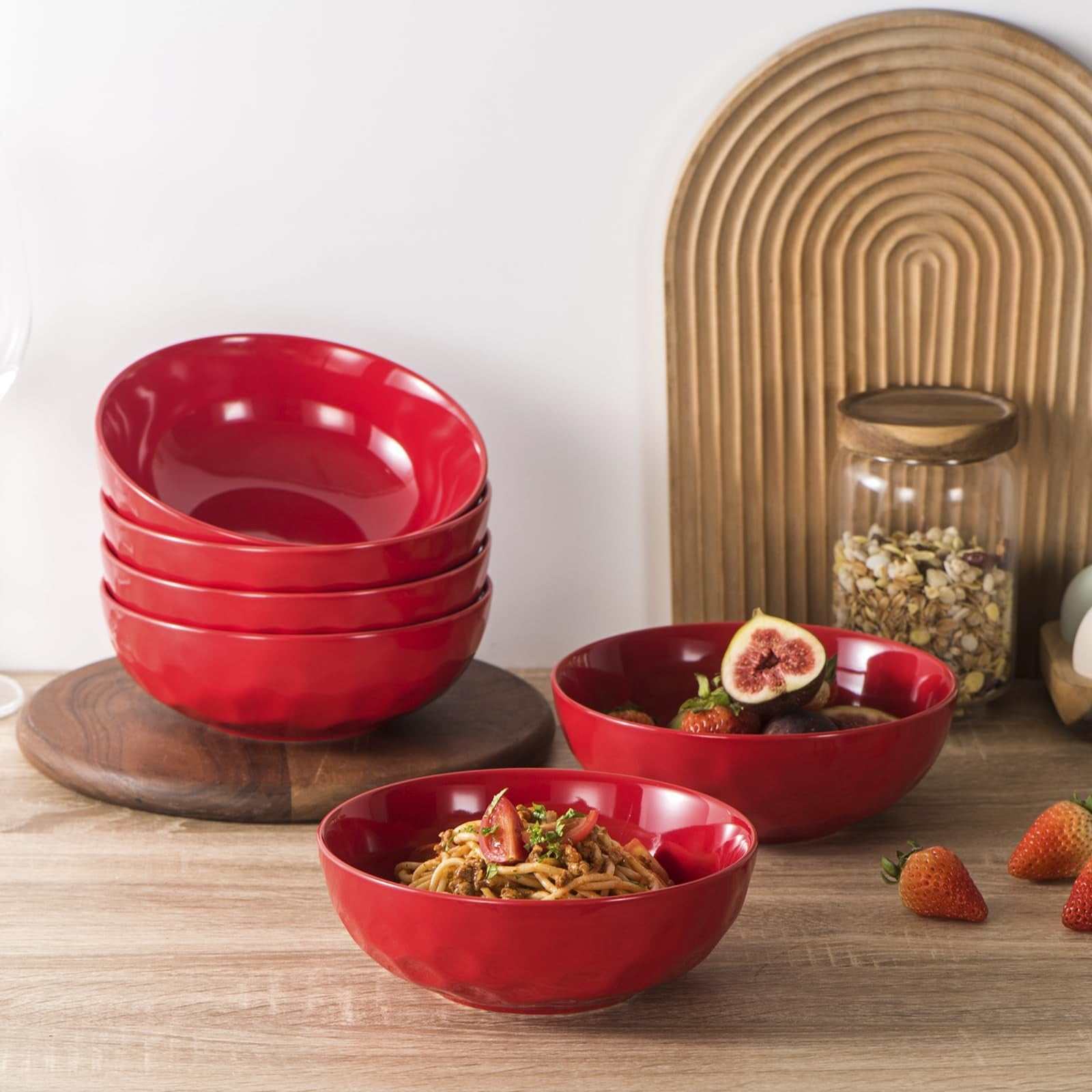 Vicrays 6-pack red ceramic salad bowls with modern fluted design, 32oz capacity, chip-resistant and stackable