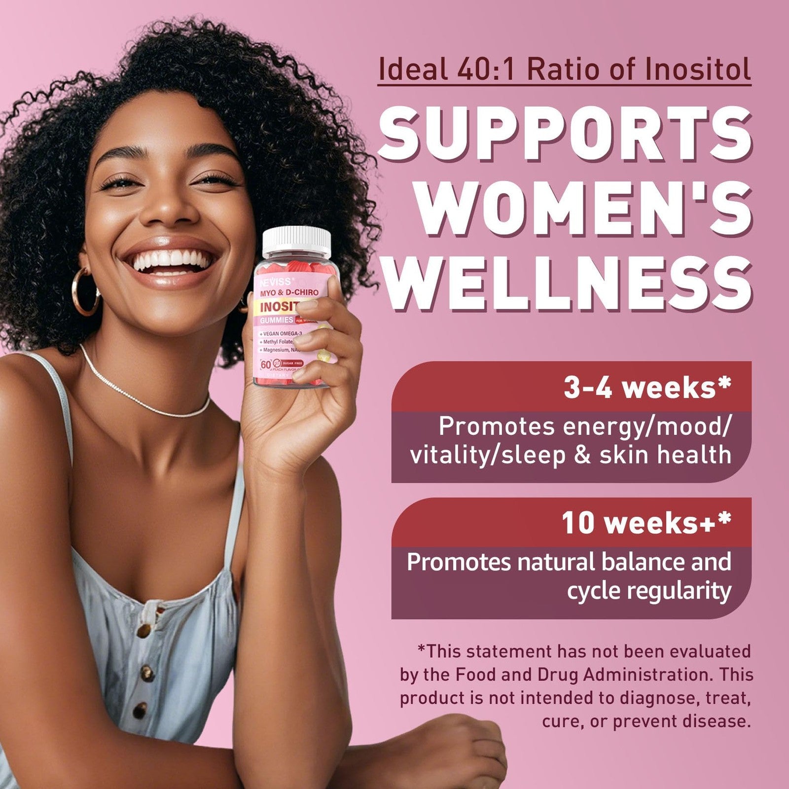NEVISS Myo-Inositol and D-Chiro Inositol gummies for women, 40 count bottle with colorful fruit-flavored gummies on a white background.
