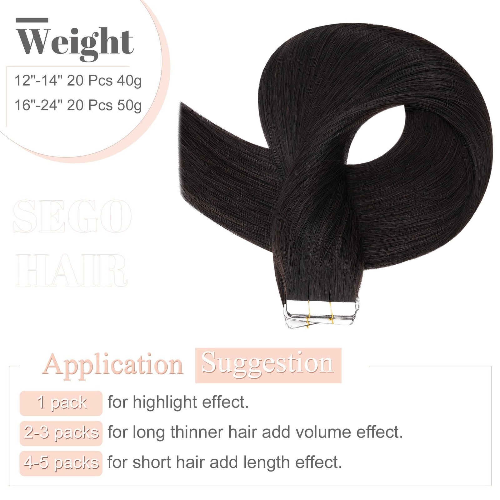 Human hair Sego Tape In extensions in natural black, 20 pieces, 22 inches long, Remy quality, lightweight 50g set.