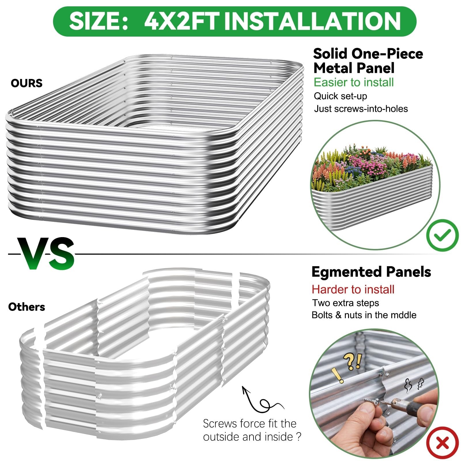 Three galvanized steel raised garden beds, 4x2 feet tall, with corrugated metal sides, suitable for outdoor gardening.