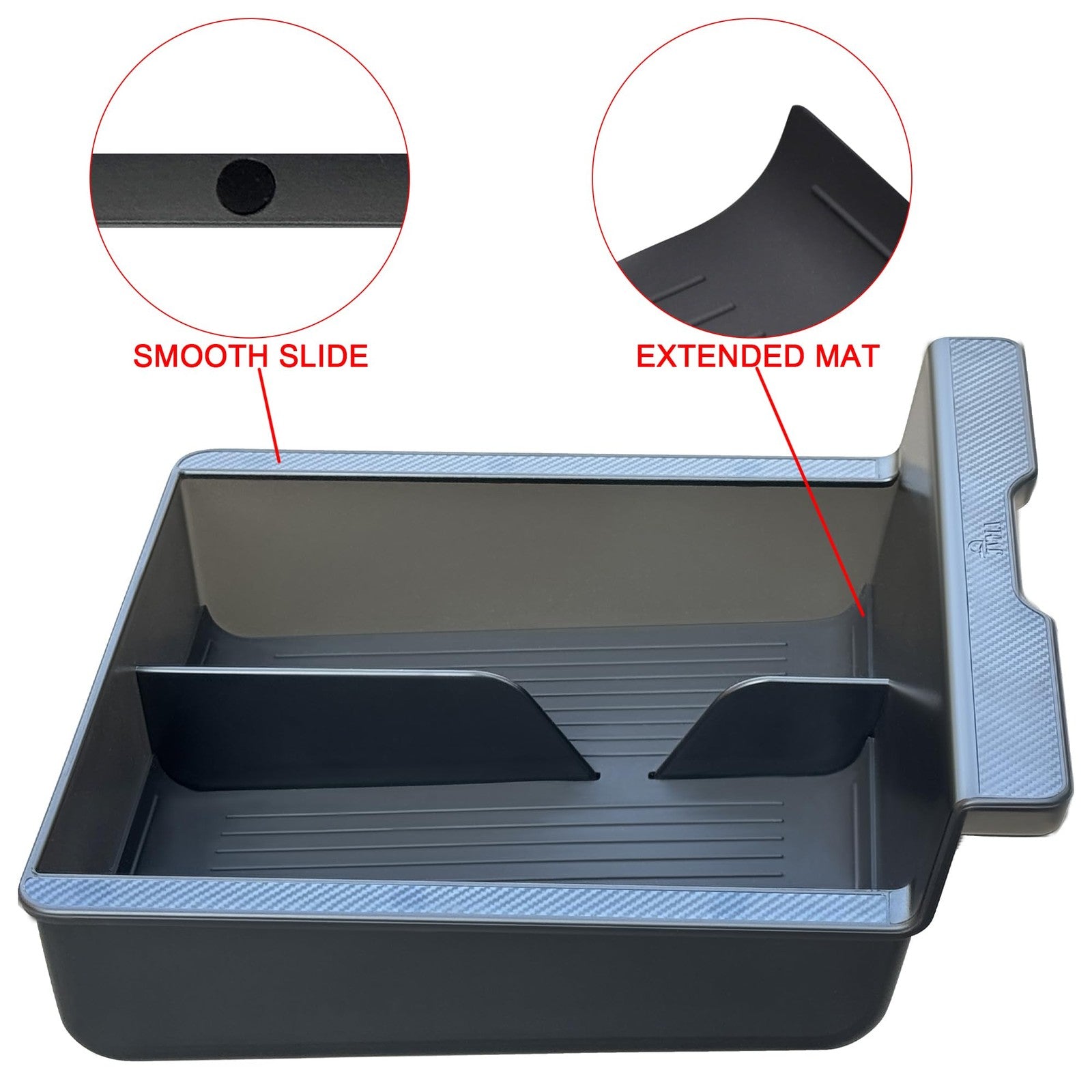 JVMA Tesla Model Y and Model 3 center console organizer showing compartments and storage features.